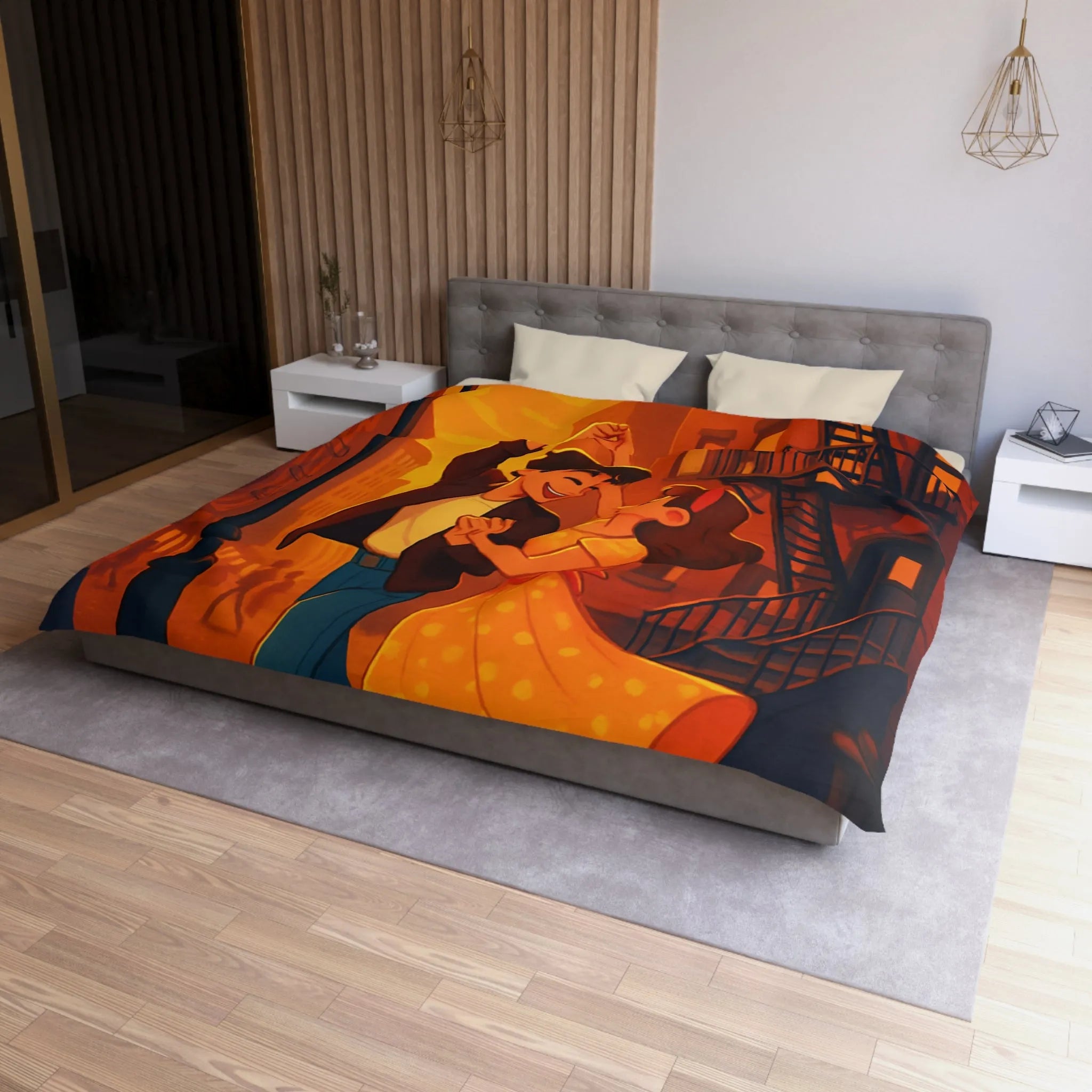 Danse romantique rétro sous réverbère vintage, ambiance urbaine crépusculaire charmante et nostalgique