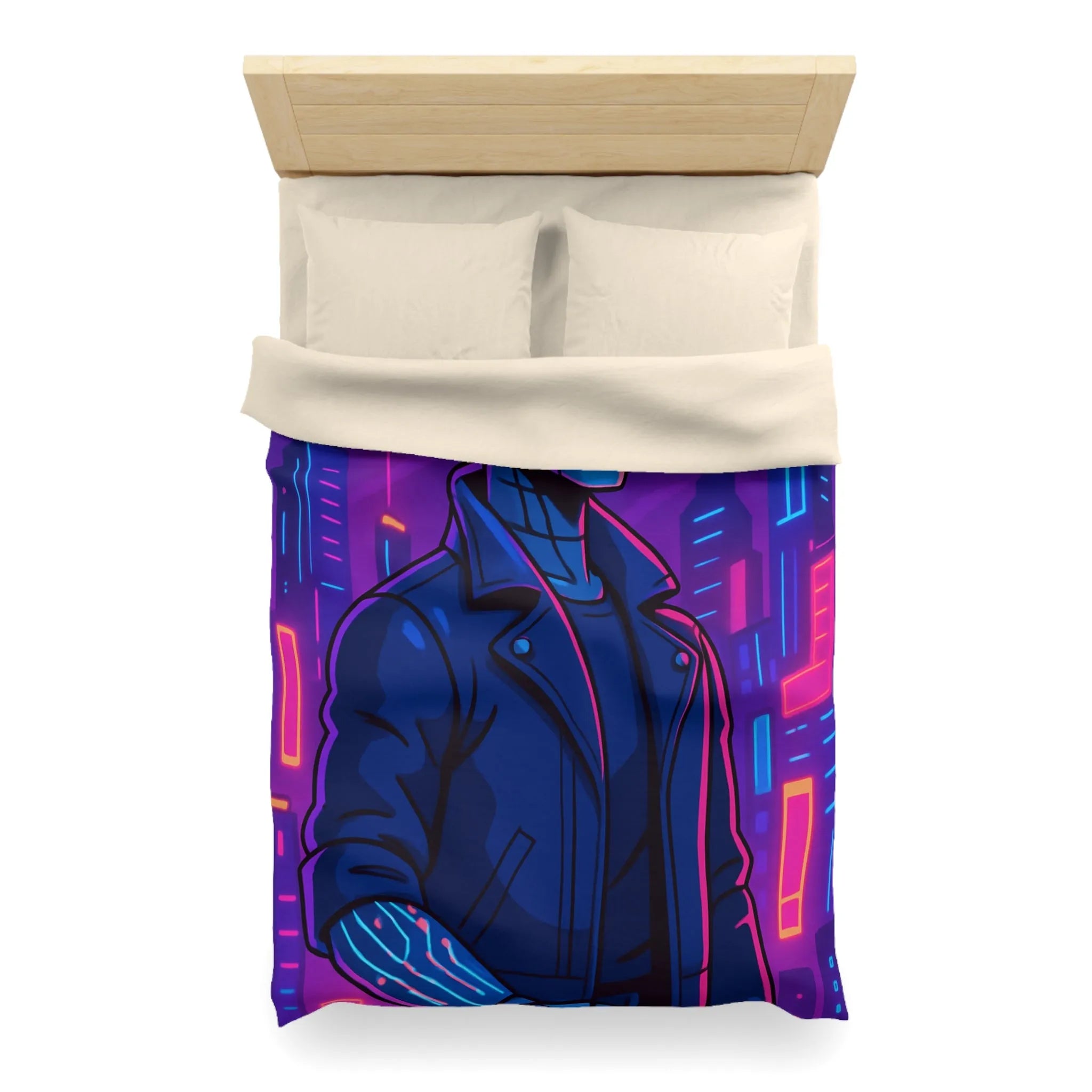 Housse de couette bleu nuit motif rétro-futuriste avec robot et gratte-ciel néon