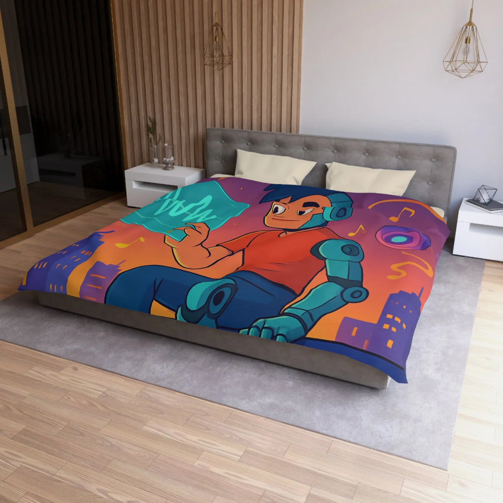 Housse de couette illustrée avec robot et skyline de nuit vibrante et colorée