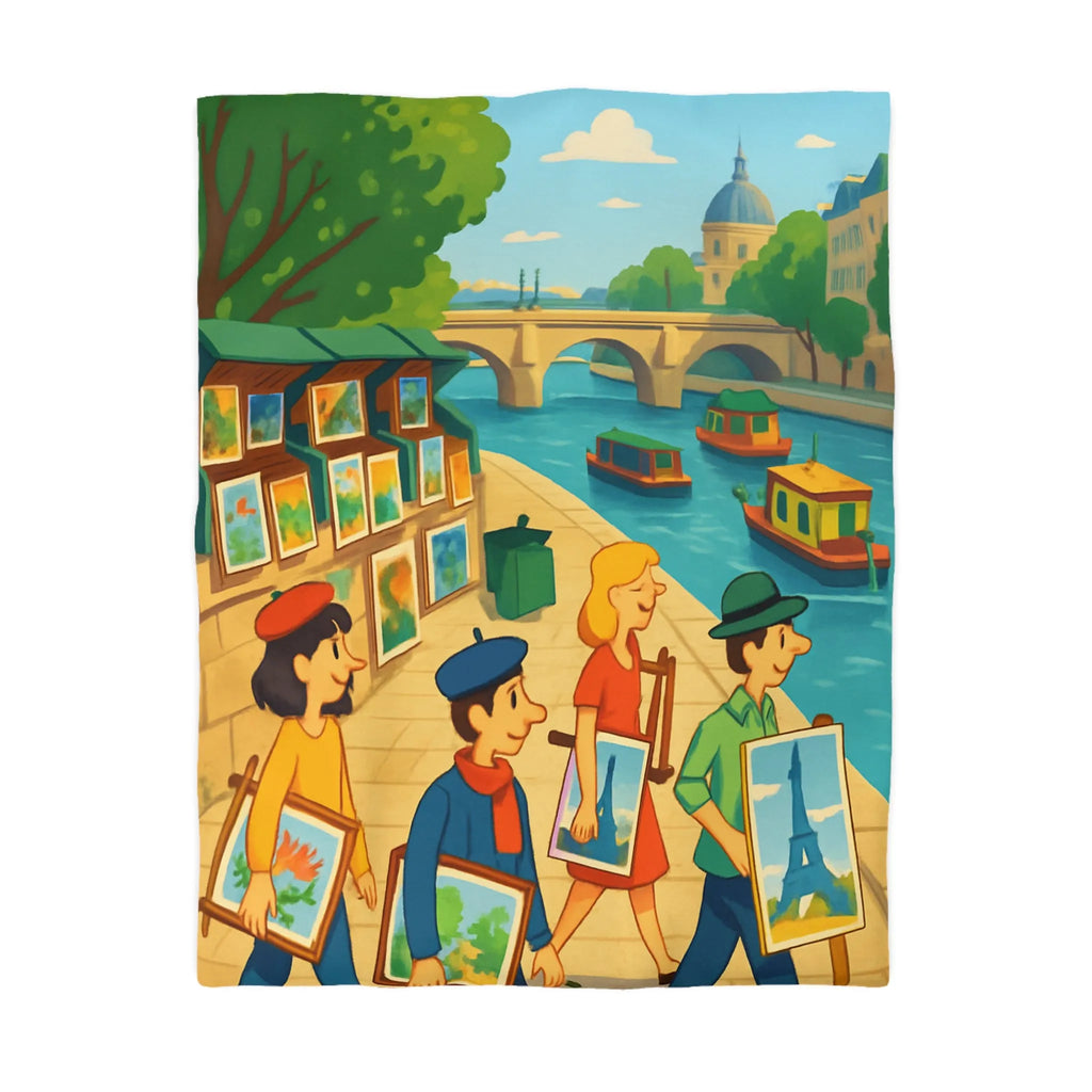 Housse de couette artistique thème parisien avec scènes de quai colorées et peintres joyeux