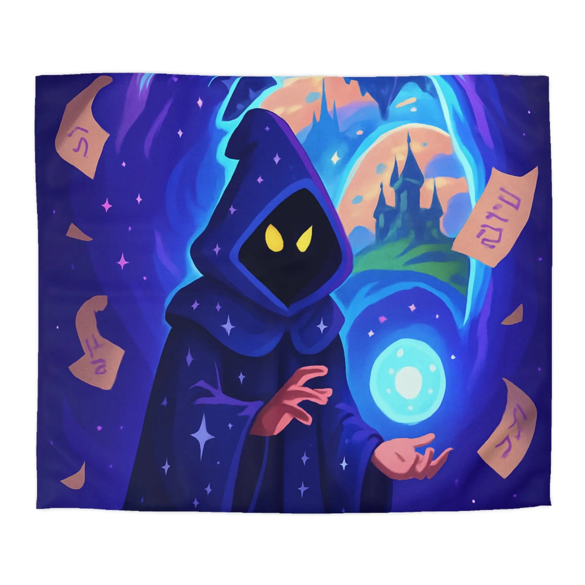 Housse de couette magique bleu nuit avec sorcier et château fantastique étoilé mystérieux