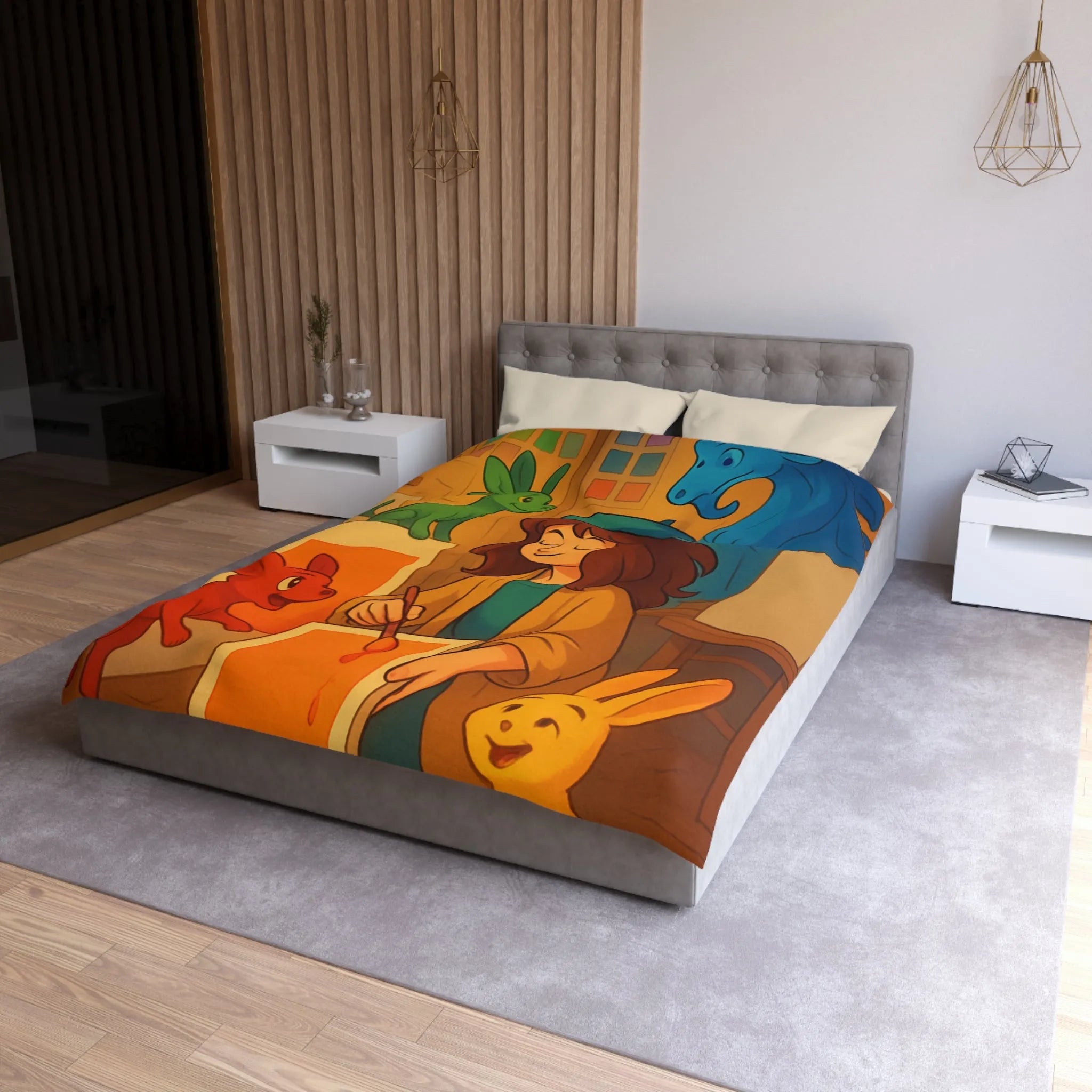Housse de couette colorée avec artiste et animaux en studio d'art lumineux