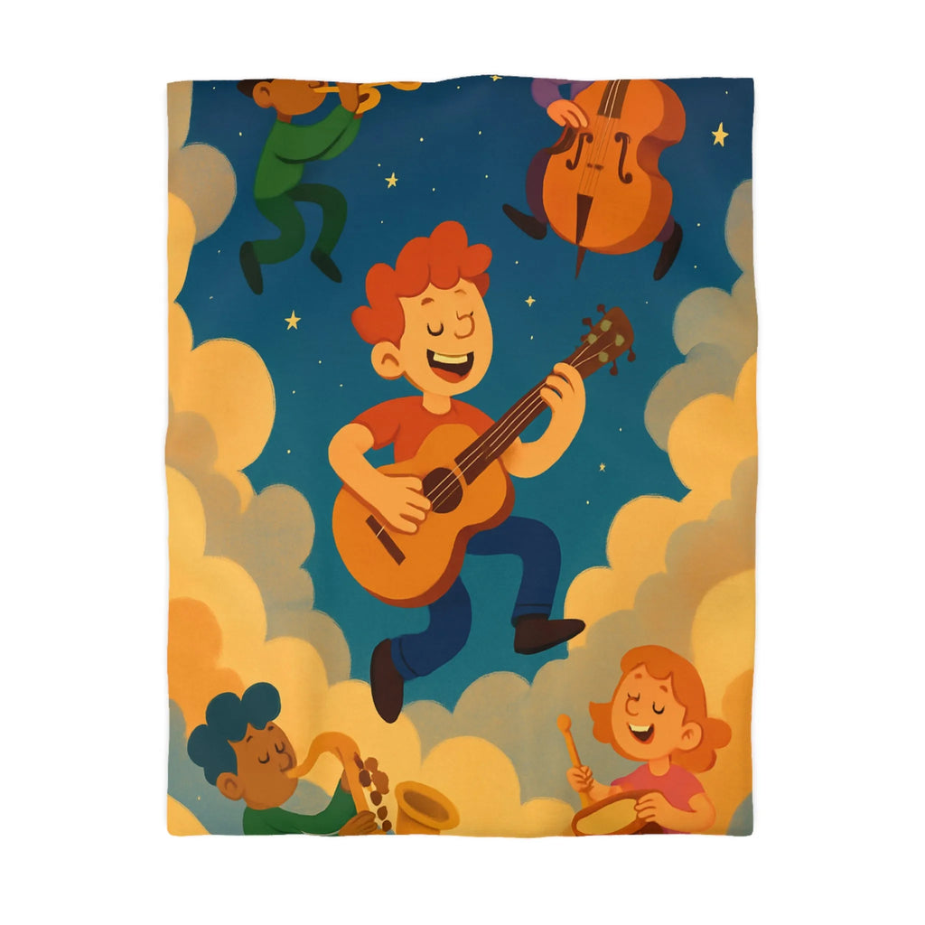 Housse de couette colorée avec musiciens joyeux flottant parmi les nuages étoilés