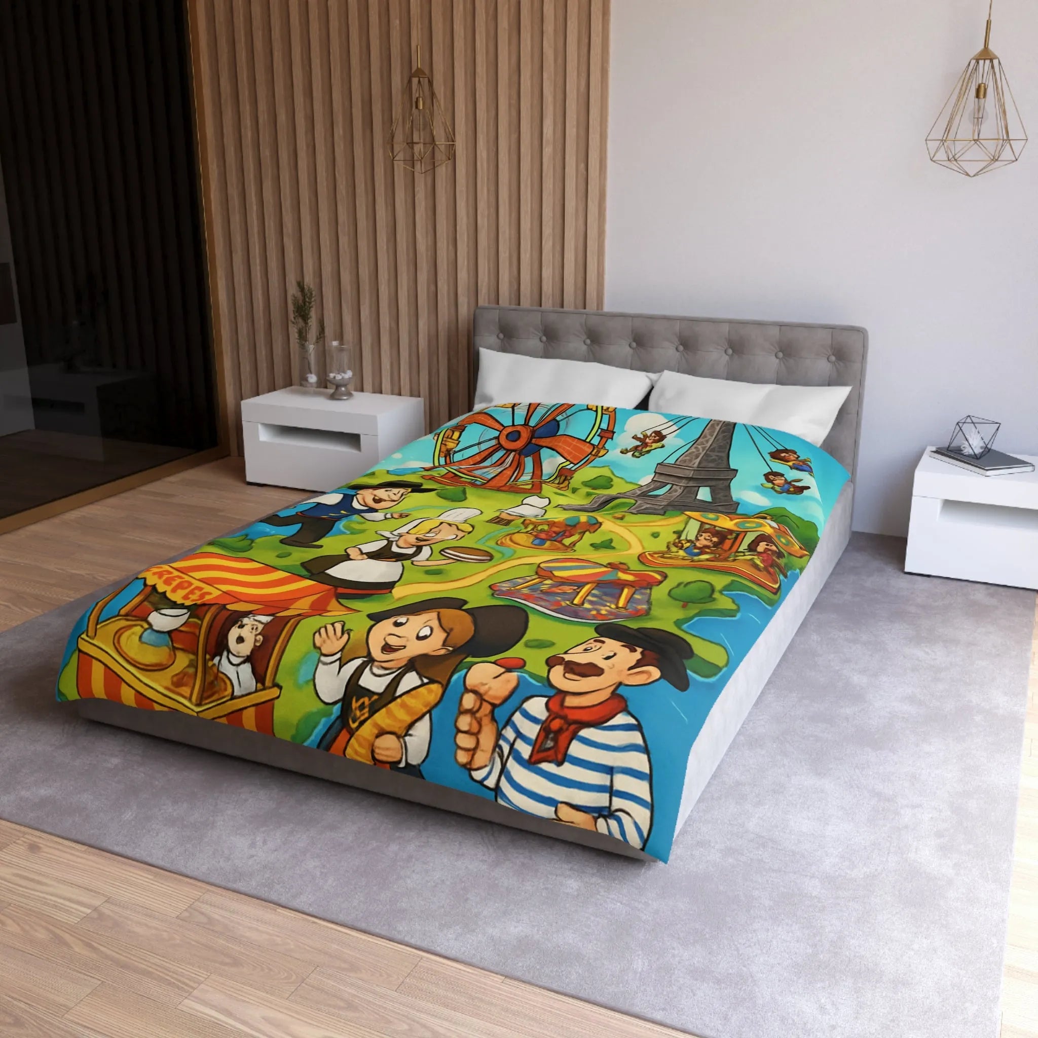 Housse de couette illustrant l'amusement et la culture française dans un parc coloré