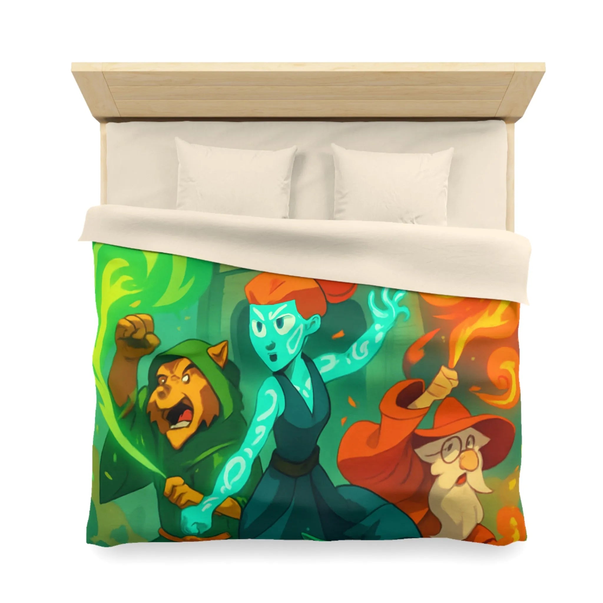 Housse de couette magique pour enfant avec personnages et château, ambiance féérique animée