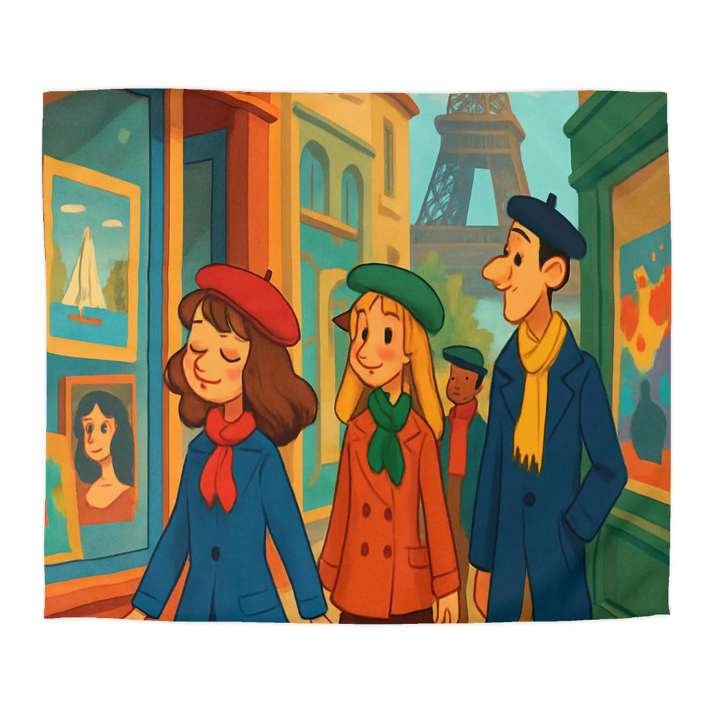 Housse de couette illustrée Paris promenade style rétro avec amis et Tour Eiffel