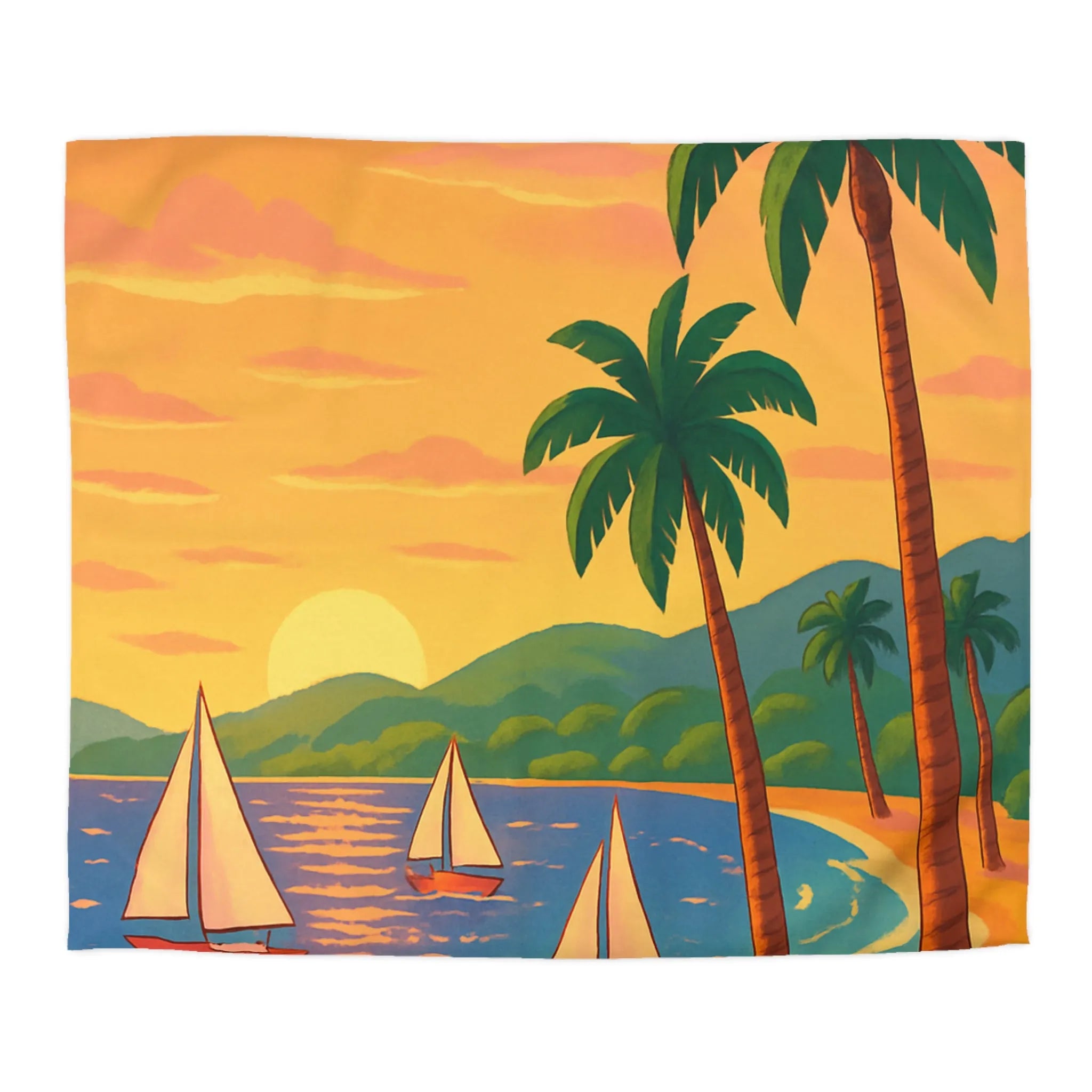 Housse de couette avec motif tropical, plage, palmiers et voiliers au coucher de soleil