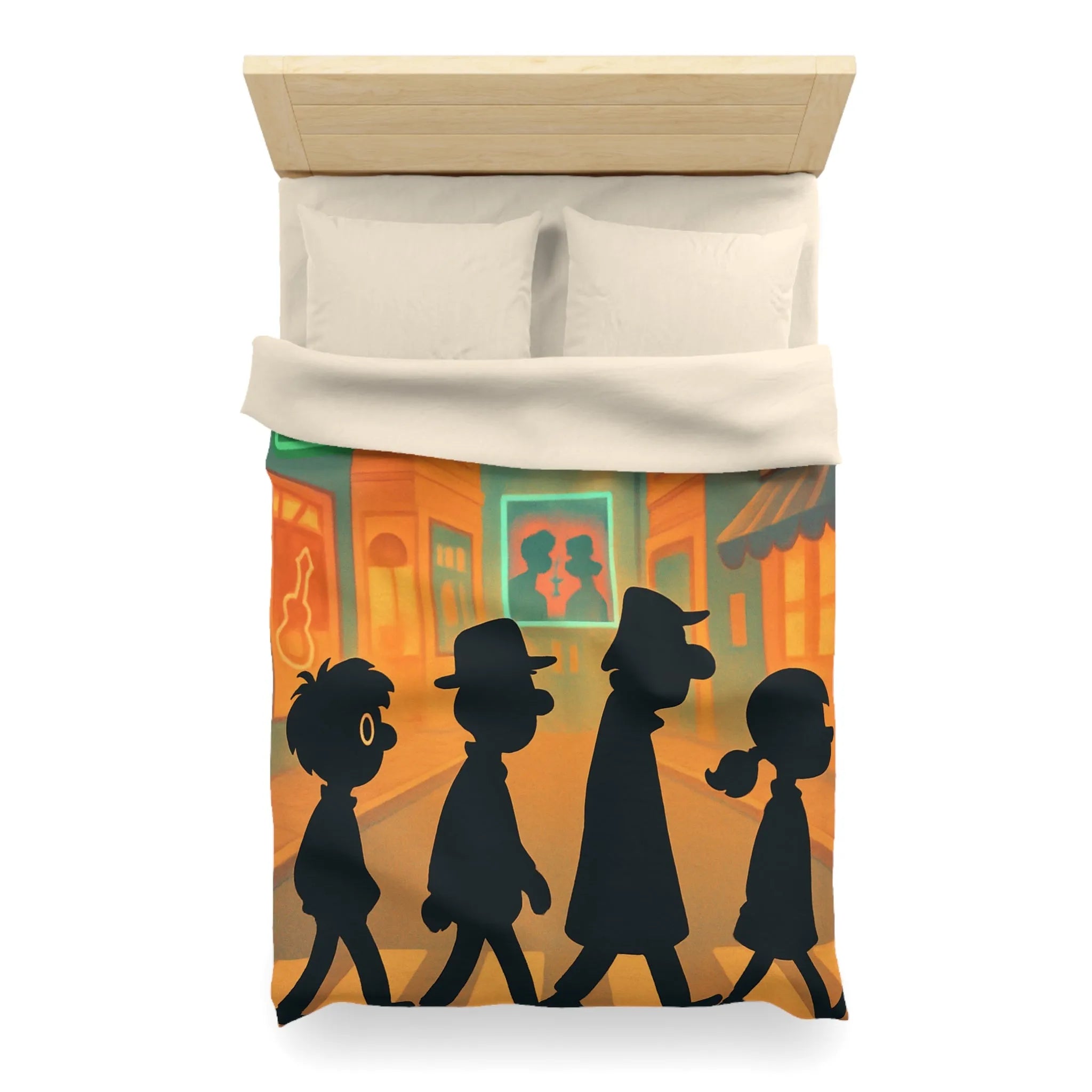 Housse de couette illustrée avec silhouettes sur passage piéton en ville animée colorée