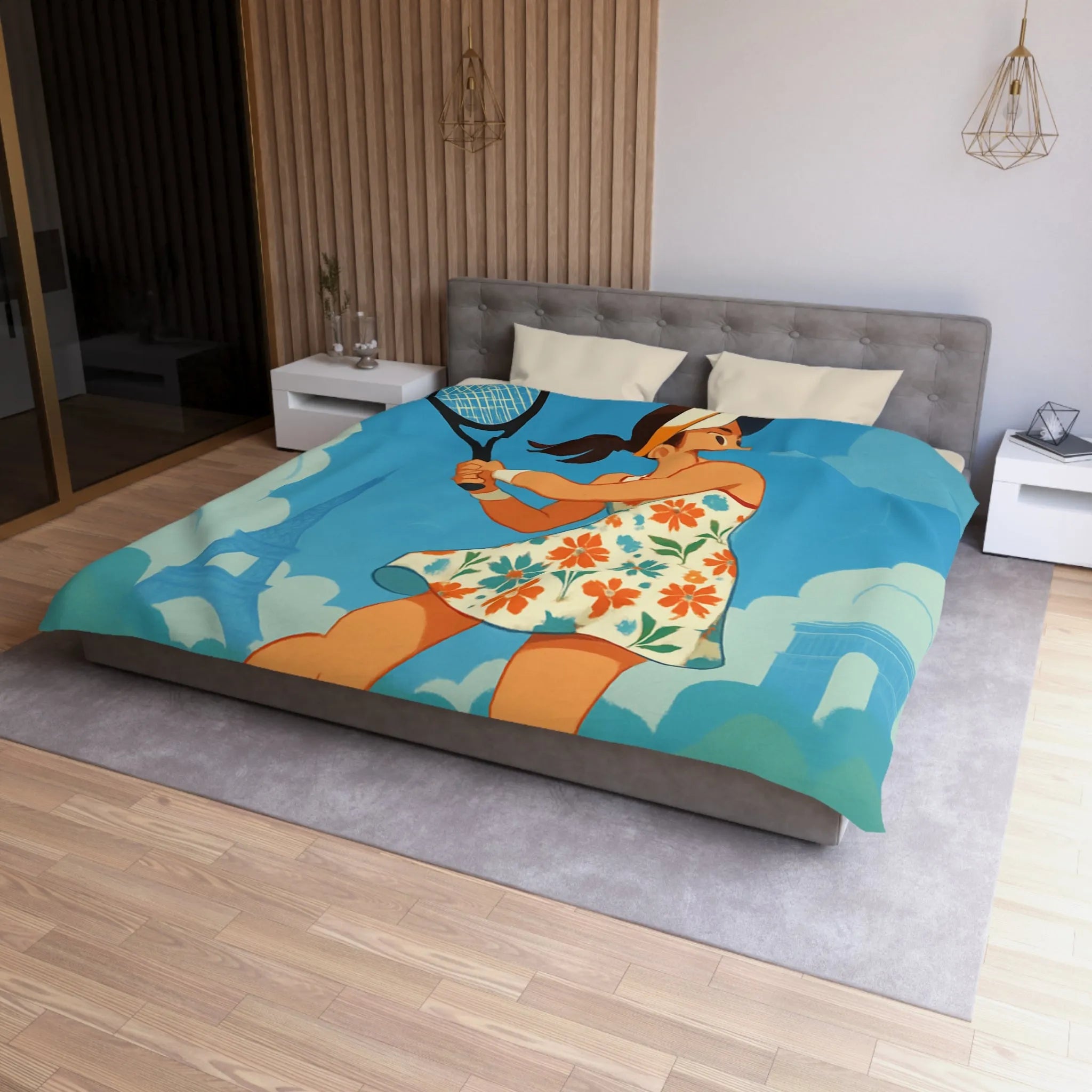 Éclatante Jouneuse de Tennis en Robe Florale avec Décor Parisien et Étoiles Magiques