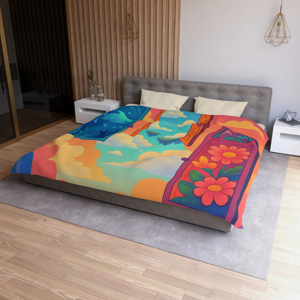 Housse de couette colorée avec trois portes magiques et paysages oniriques enchanteurs