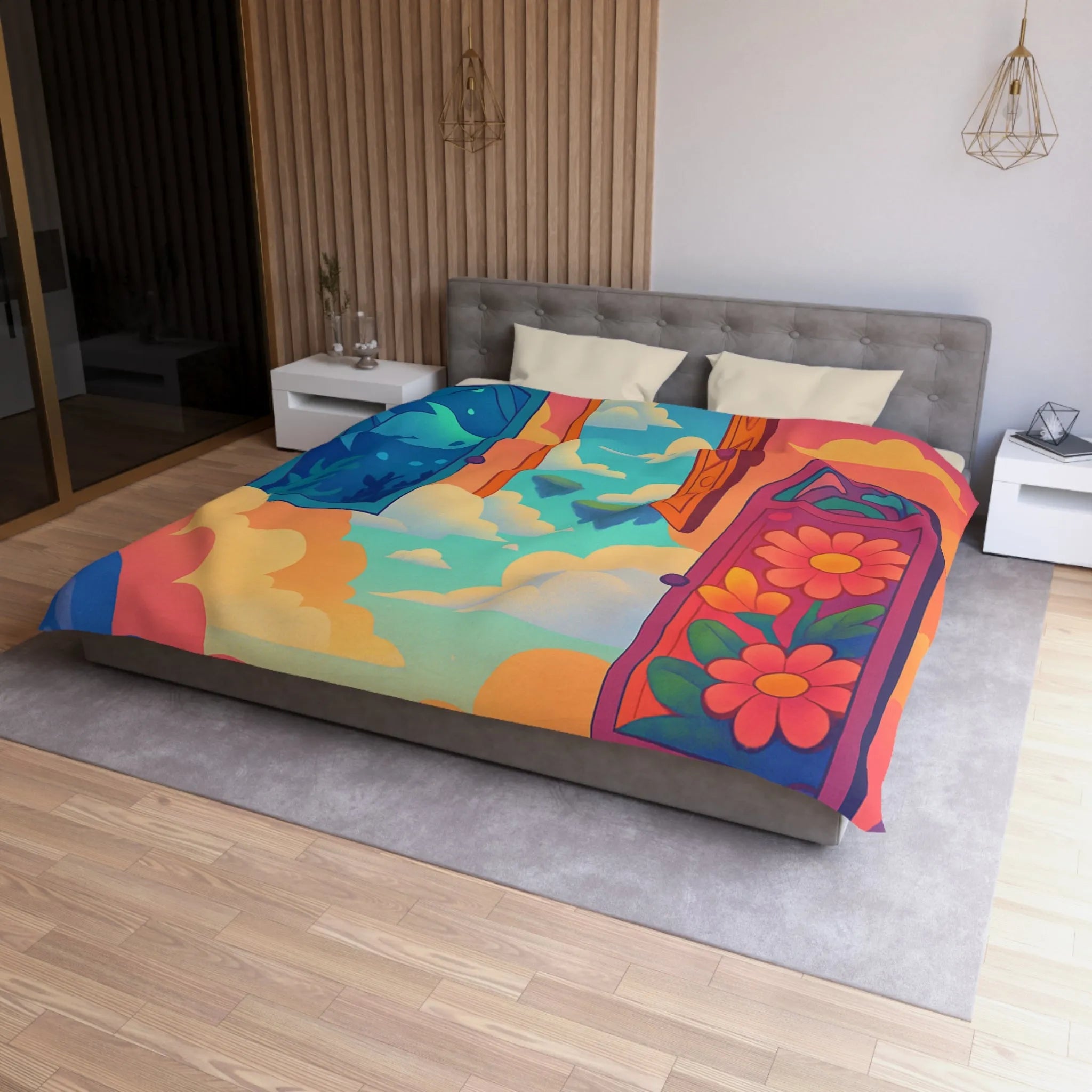 Housse de couette colorée avec trois portes magiques et paysages oniriques enchanteurs