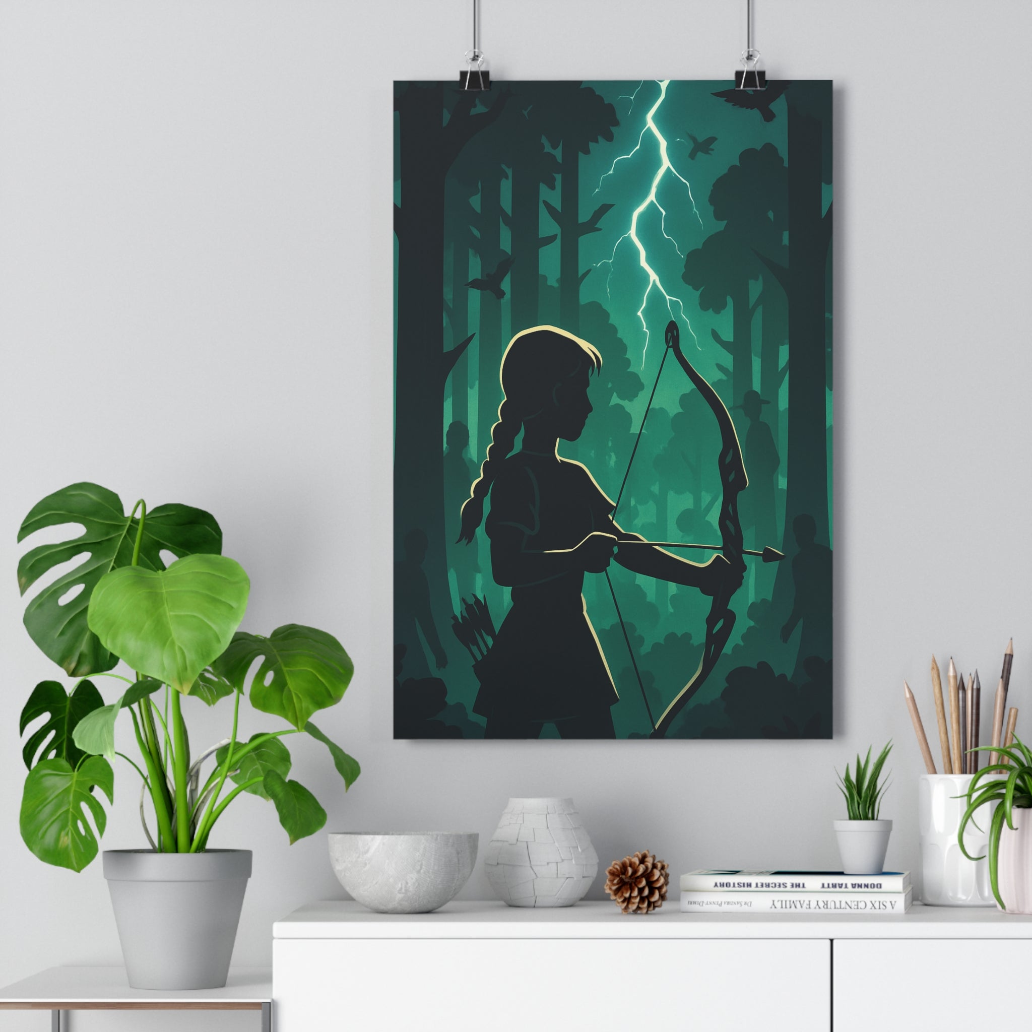 Poster décoratif cartoon vert noir aventure mystique forêt archer silhouette chambre bureau moderne captivant