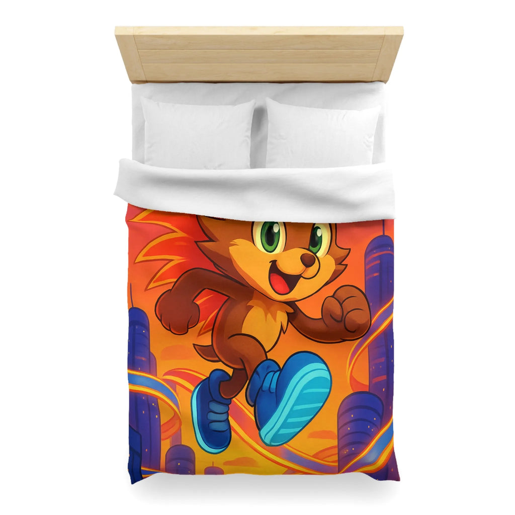 Housse de couette avec hérisson coloré courant dans une ville futuriste au coucher du soleil