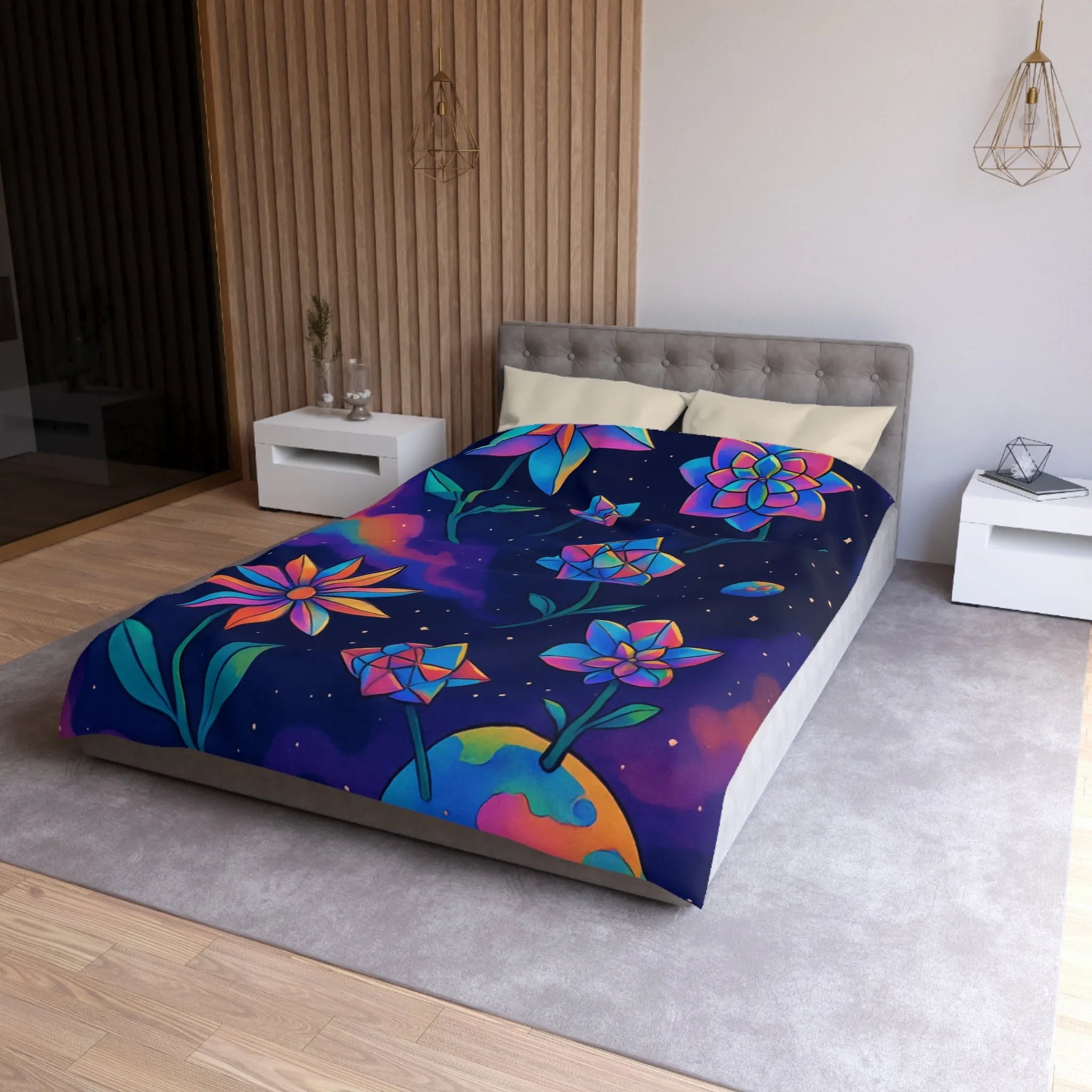 Housse de couette avec des fleurs géométriques aux couleurs cosmiques dans l'espace étoilé