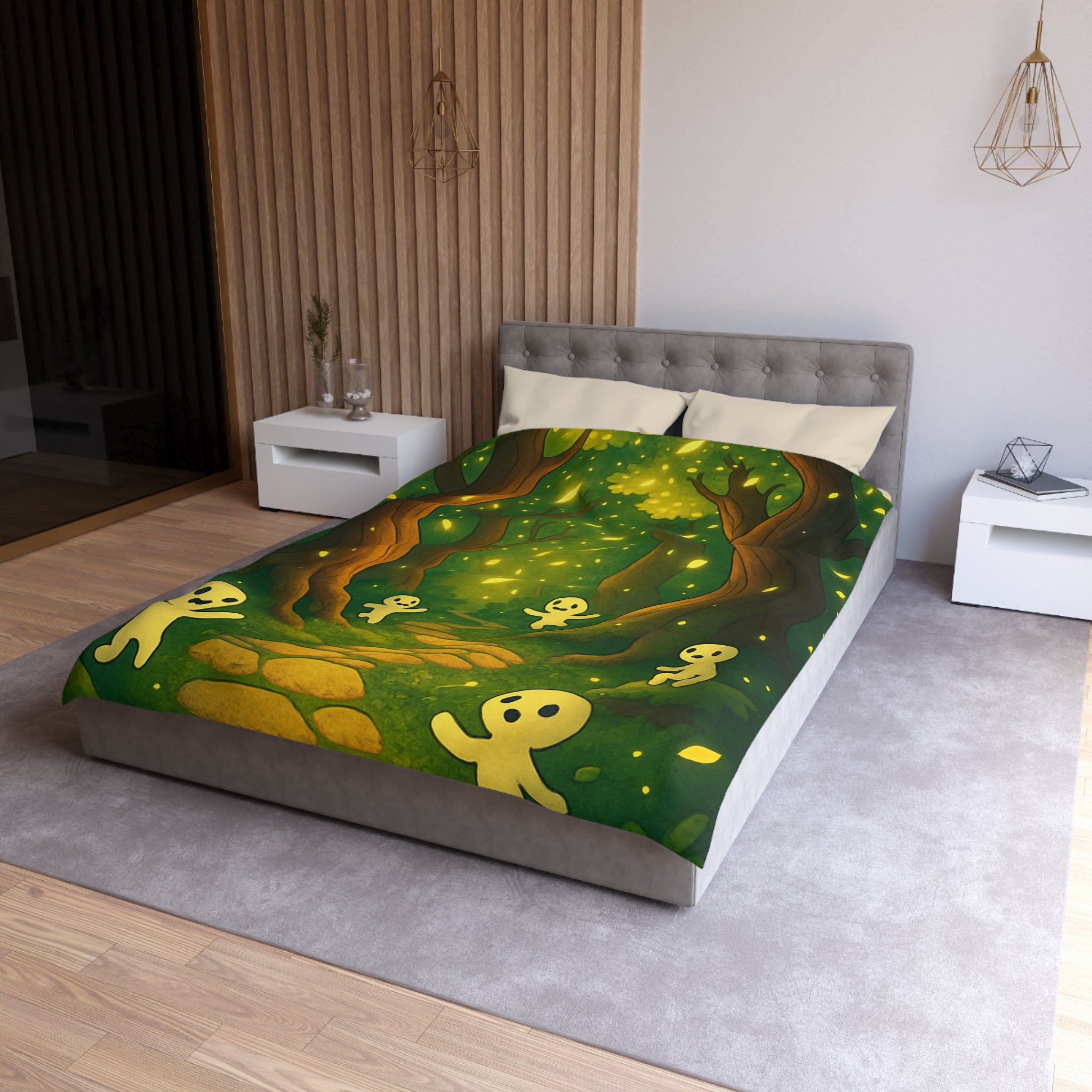 Housse de couette motif forêt magique avec créatures lumineuses ambiance apaisante