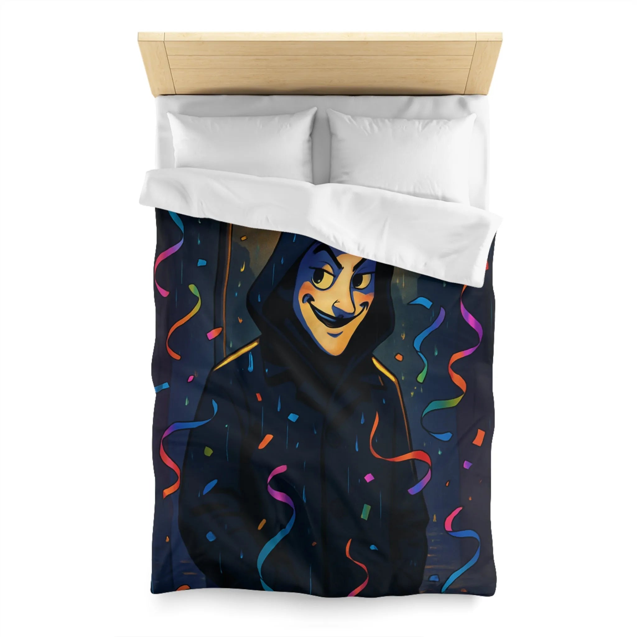 Housse de couette artistique joyeuse avec personnage mystérieux sous réverbère nocturne coloré