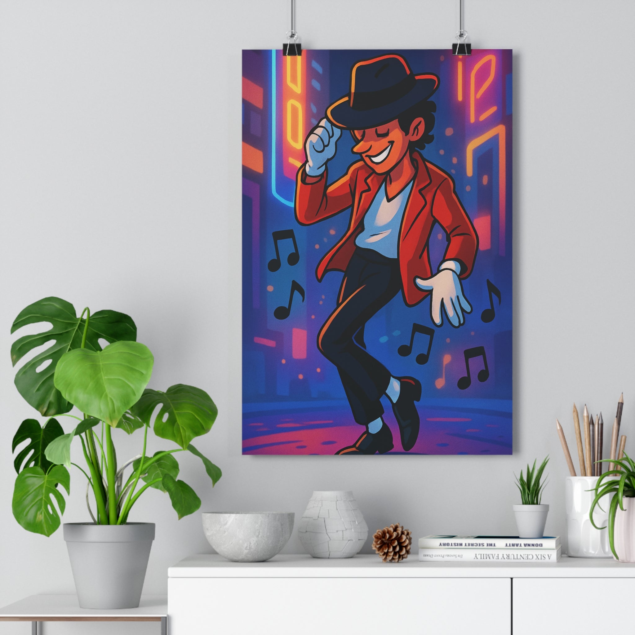 Poster décoratif cartoon rouge bleu violet joyeux chambre salon personnage dynamique musique énergie stylisé