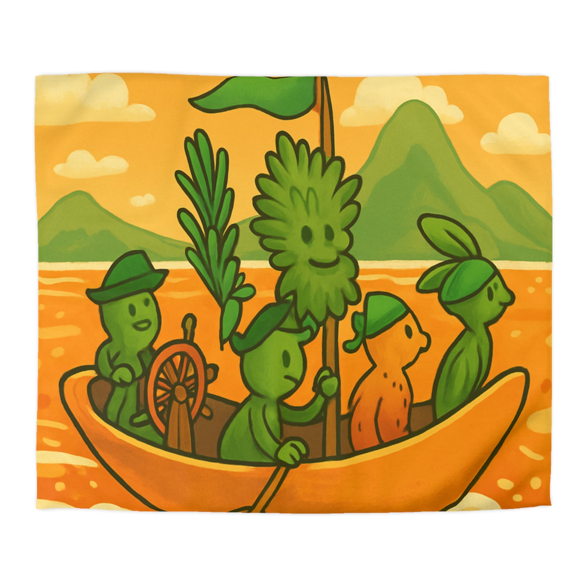 Housse de couette originale avec personnages verts naviguant sur mer orangée ludique