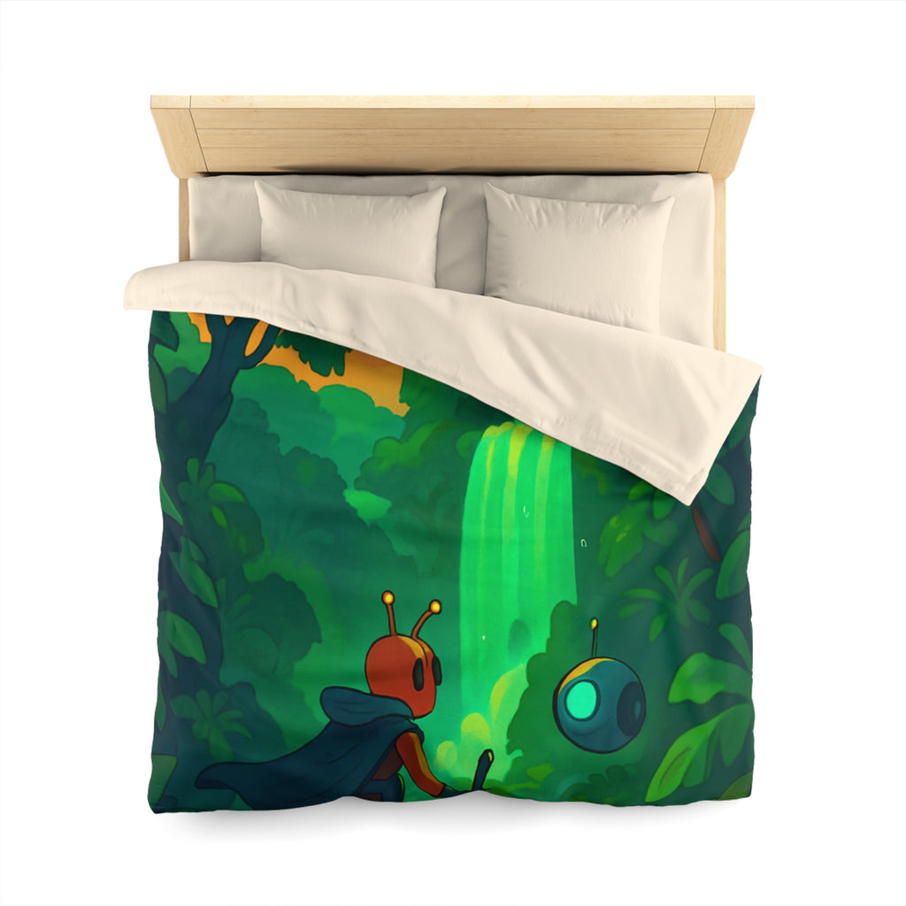 Housse de couette vibrante avec paysage extraterrestre mystérieux et personnage aventurier