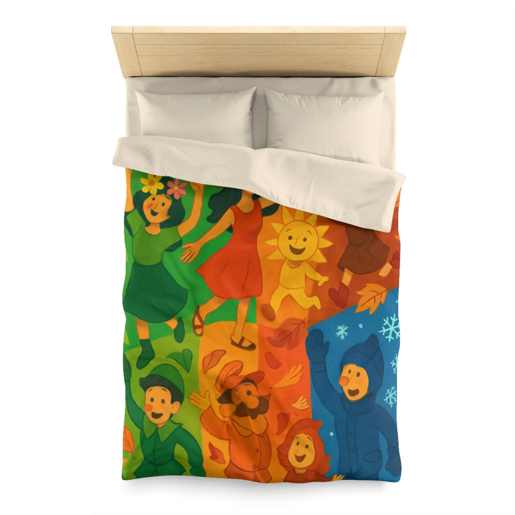 Housse de couette colorée illustrant les quatre saisons avec personnages joyeux et motifs vibrants