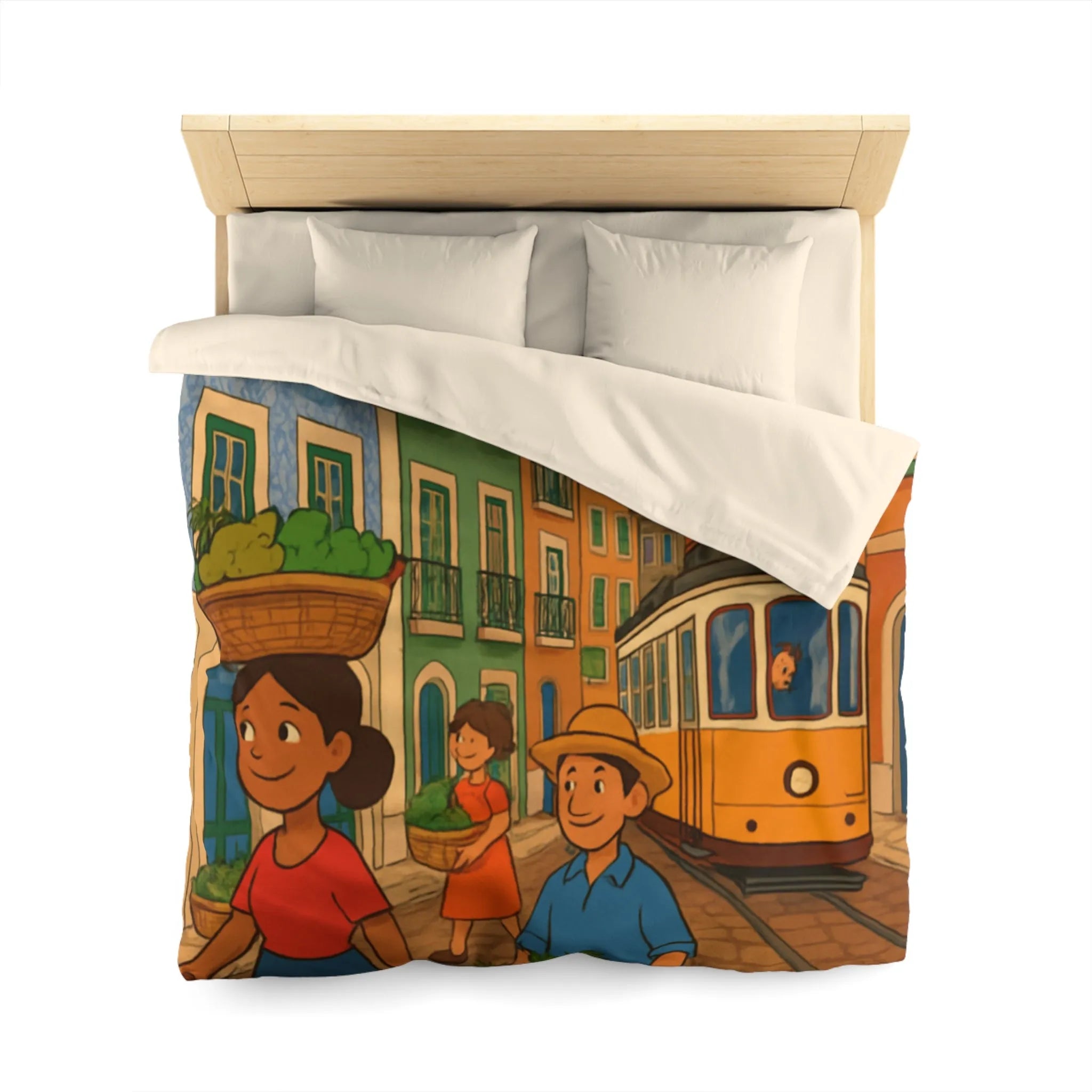 Housse de Couette Colorée Illustrant Scène Vibrante de Rue avec Tramway et Marché