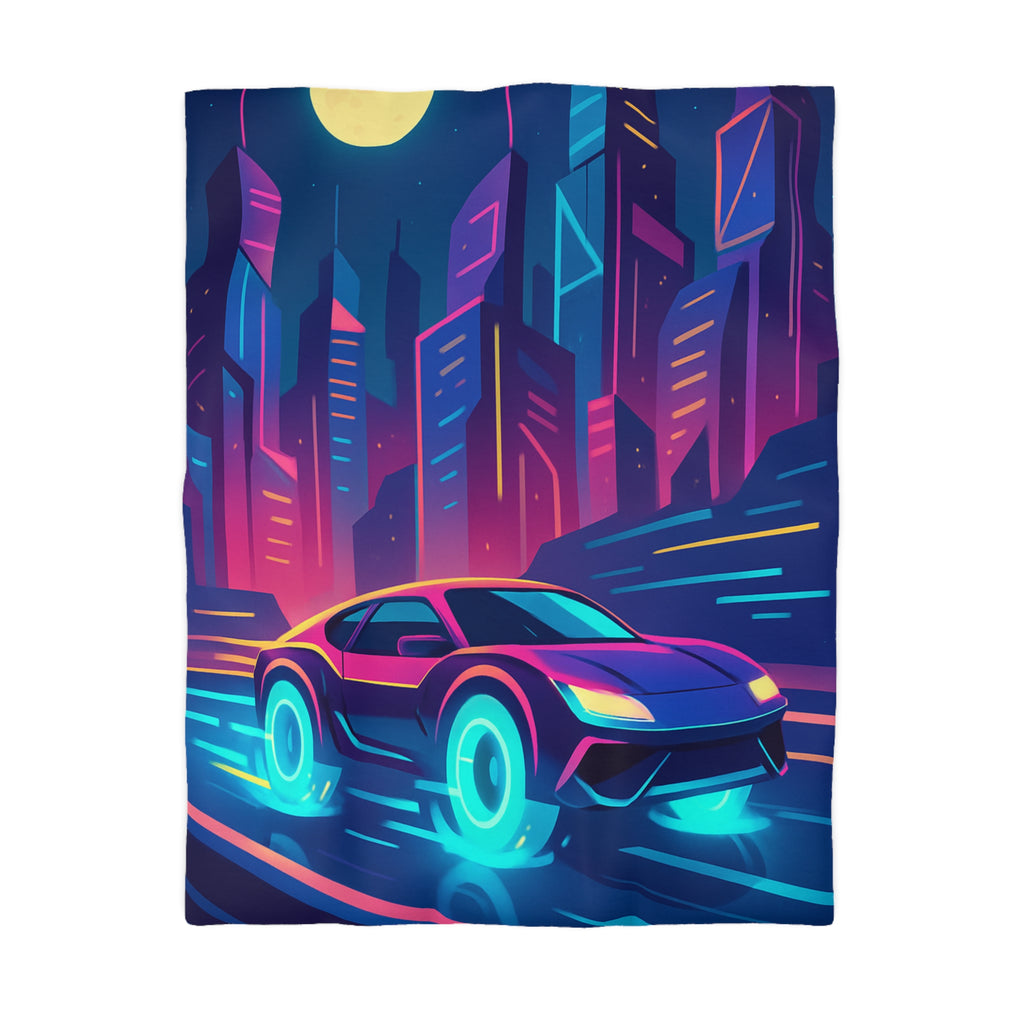 Parure de lit futuriste avec voiture néon sous lune pleine en ville vibrante