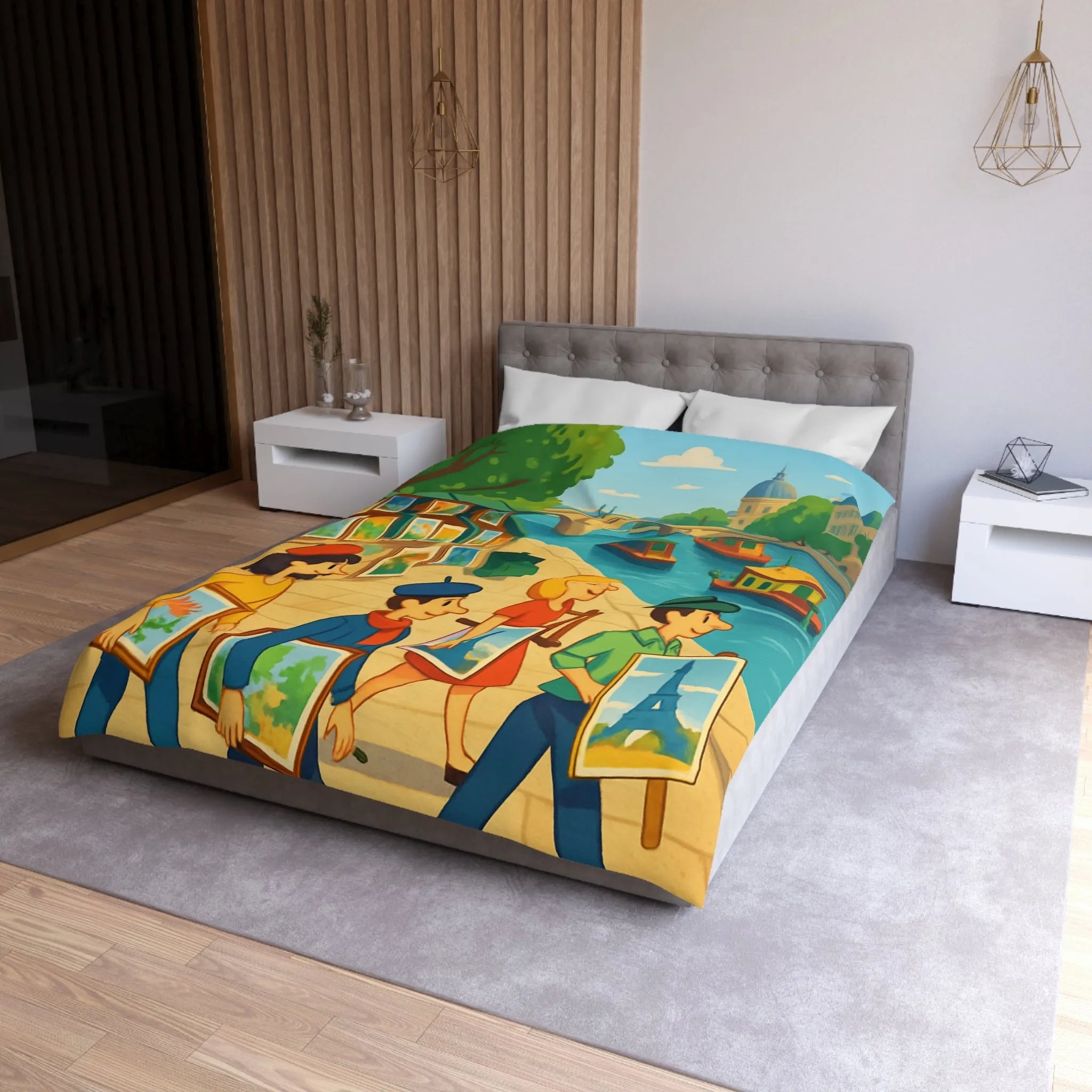 Housse de couette artistique thème parisien avec scènes de quai colorées et peintres joyeux