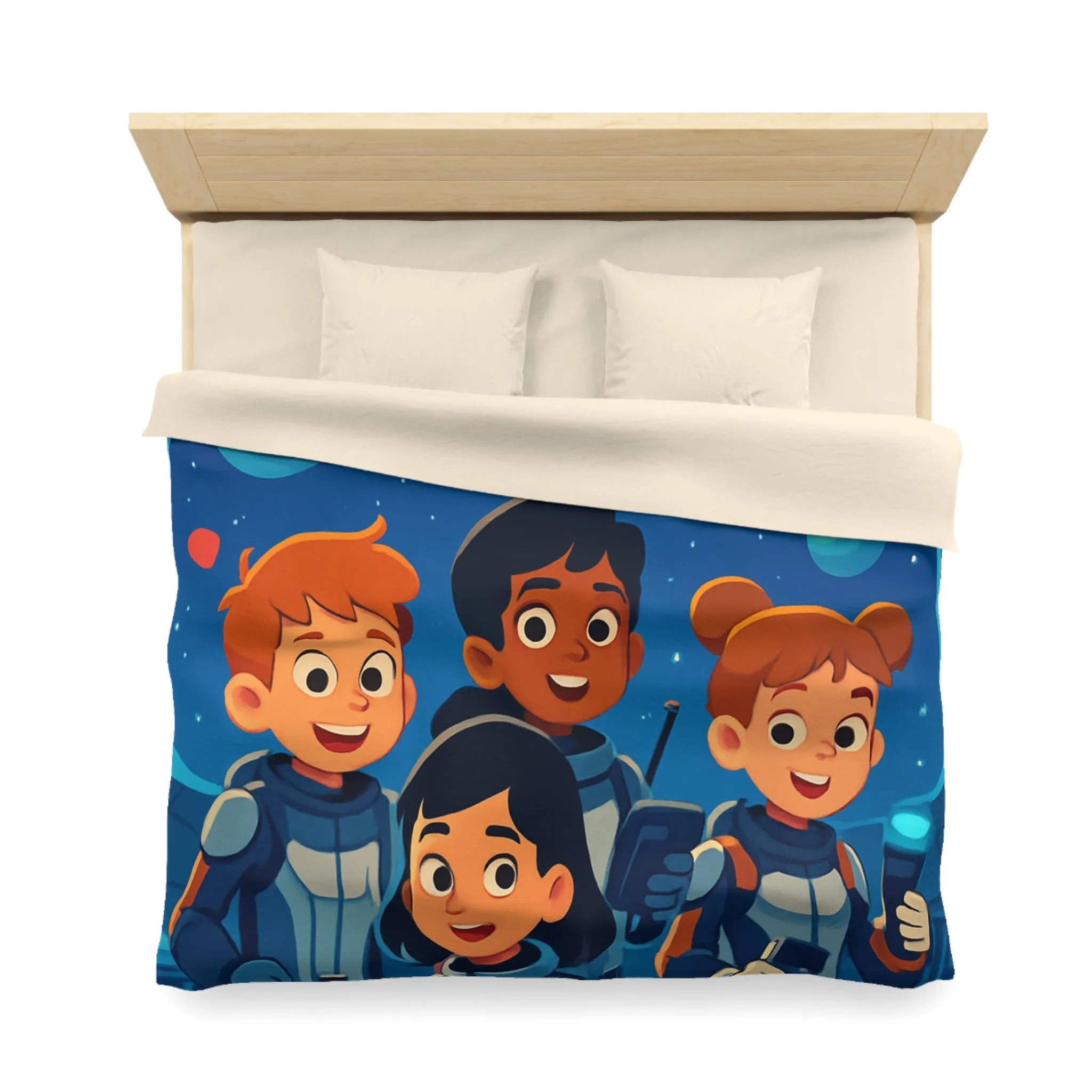 Housse de couette enfant en exploration spatiale avec planètes colorées et jeunes astronautes