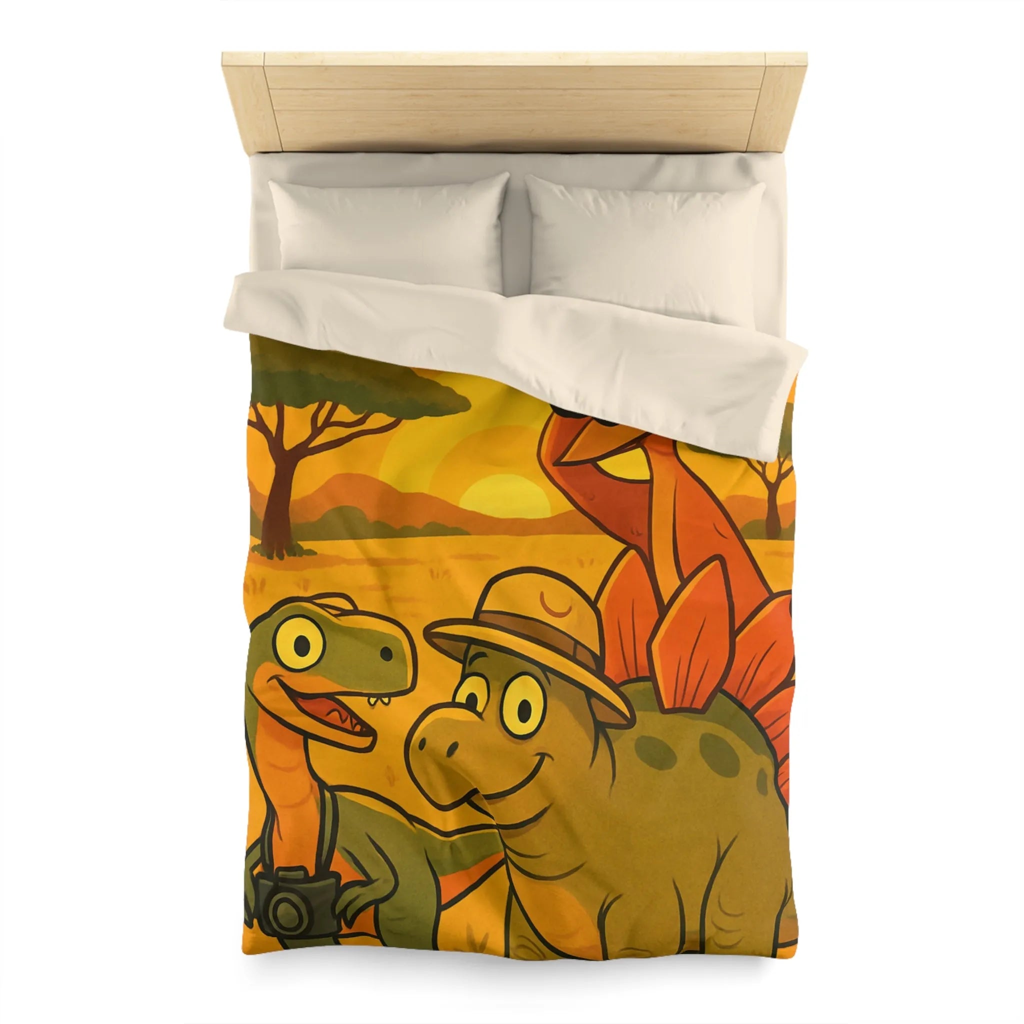 Housse de couette enfant illustrée dinosaures amusants safari coucher de soleil savane jungle