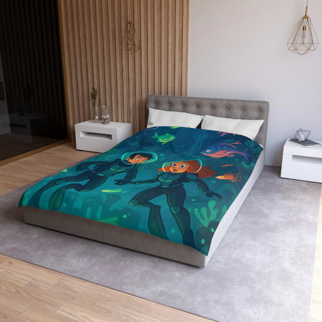 Admirez la Housse de Couette Océanique avec Explorateurs Sous-marins et Vie Marine Vibrante