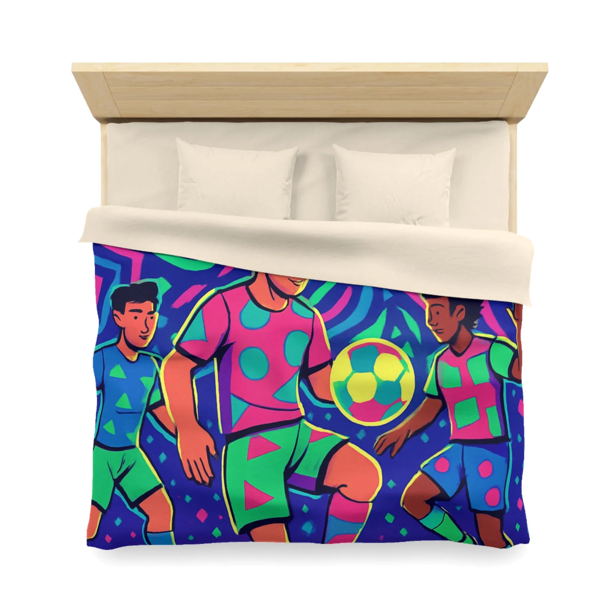 Housse de Couette Football Colorée avec Motifs Psychédéliques et Jeunes Joueurs en Action
