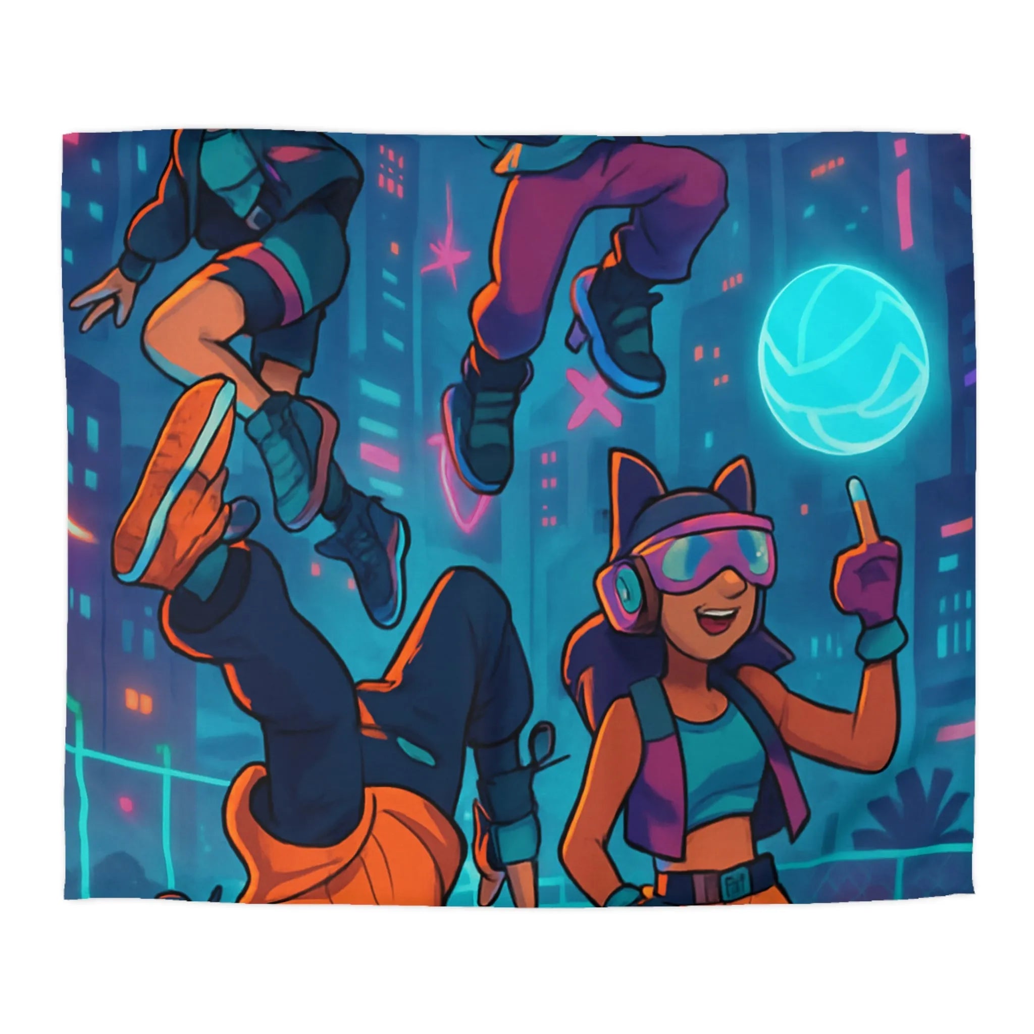 Housse de couette colorée avec personnages futuristes dans un décor urbain néon dynamique