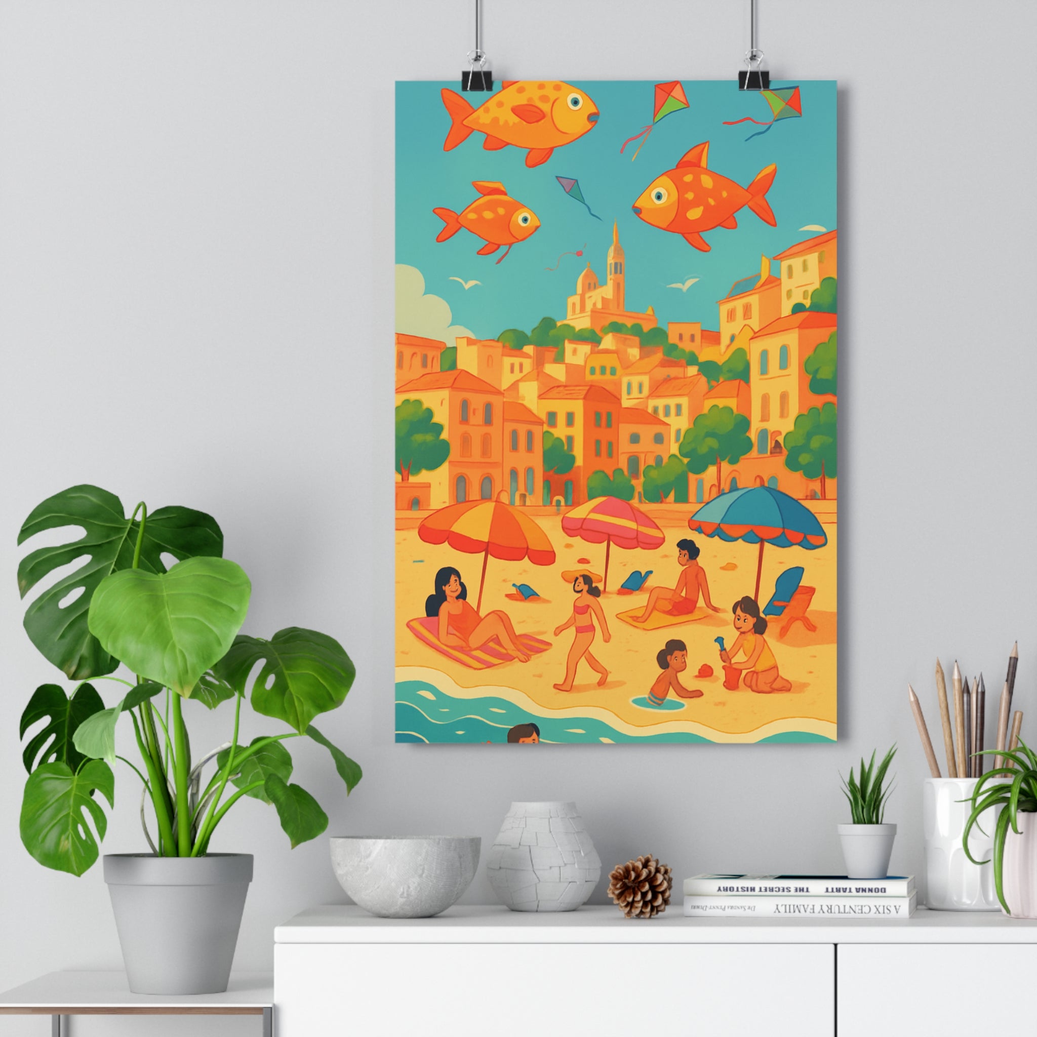 Poster décoratif méditerranéen cartoon coloré joyeux plage poissons ciel surréaliste salon chambre bureau qualité