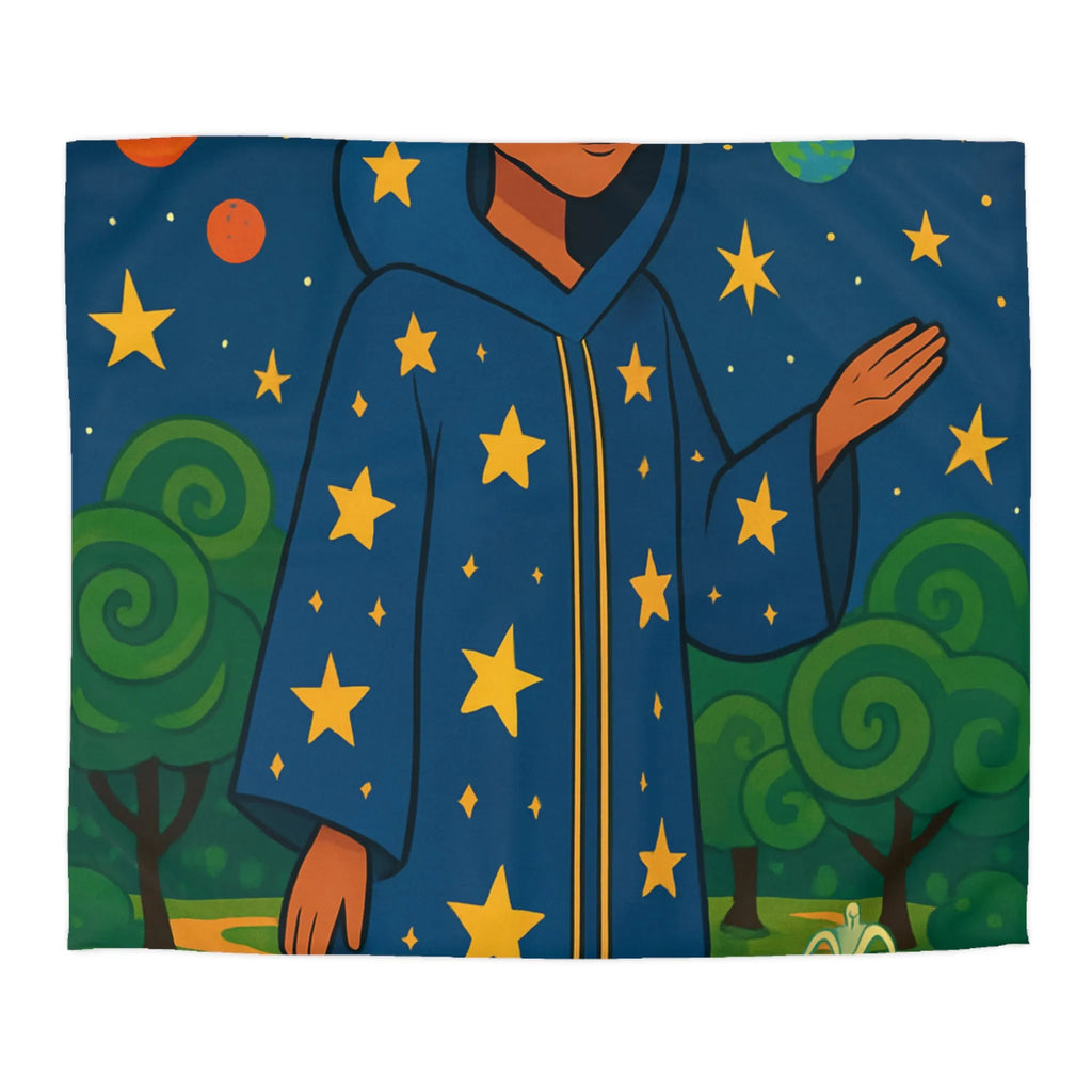 Housse de couette étoilée avec personnage mystique sous ciel galactique et nature luxuriante