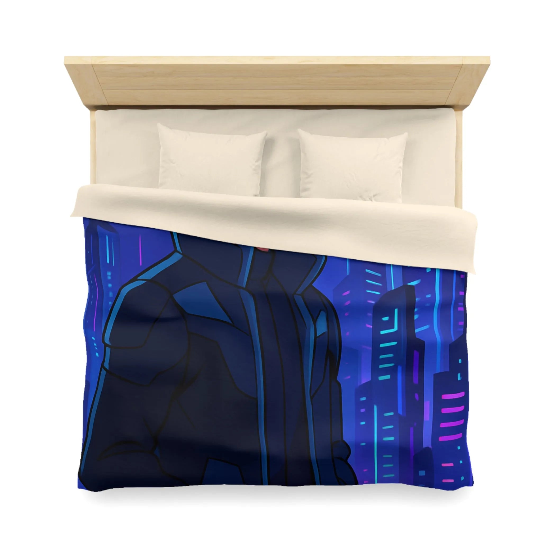 Futuriste Housse de Couette avec Ville Brillante et Homme Élégant en Lunettes