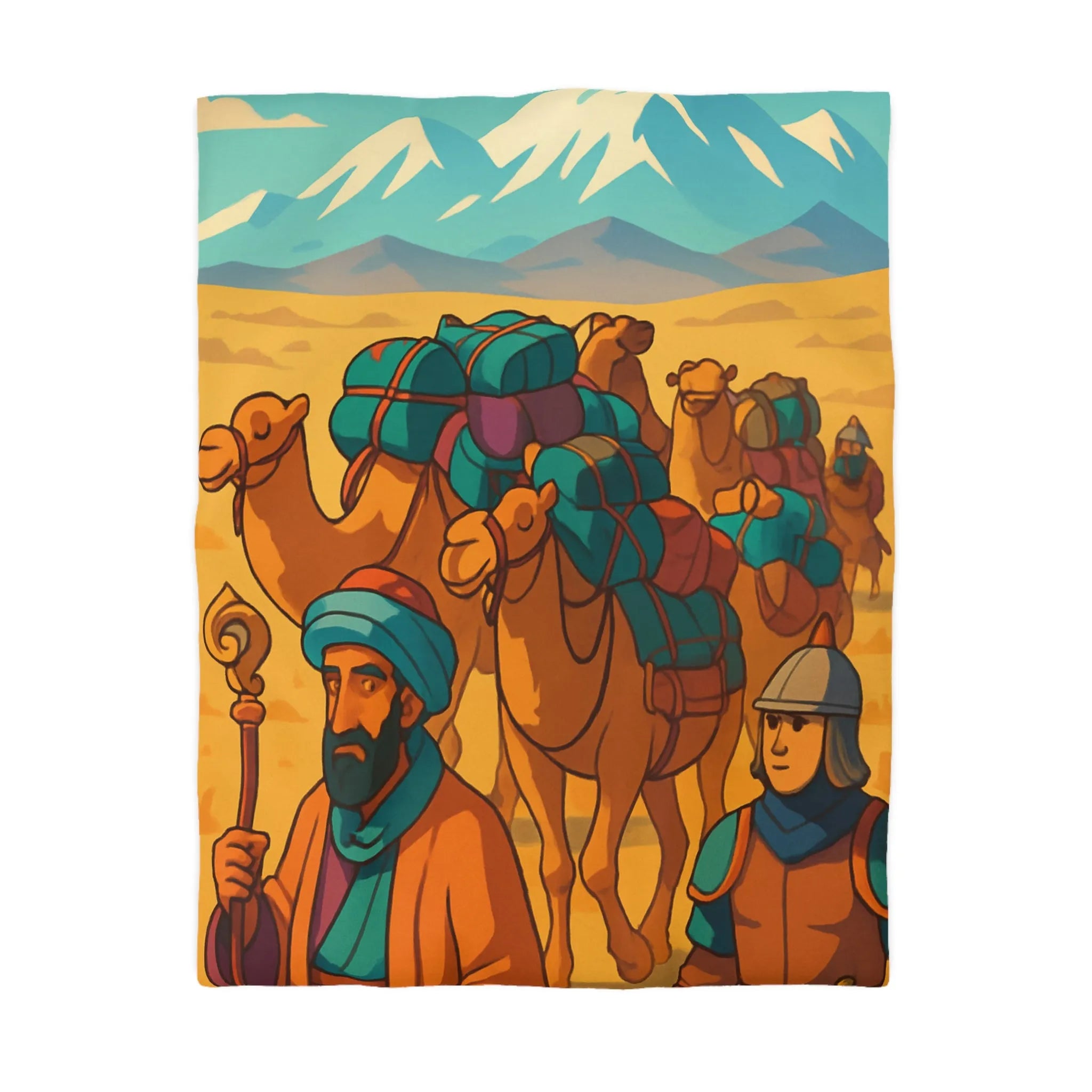 Housse de couette avec caravane de chameaux traversant un désert montagneux en arrière-plan