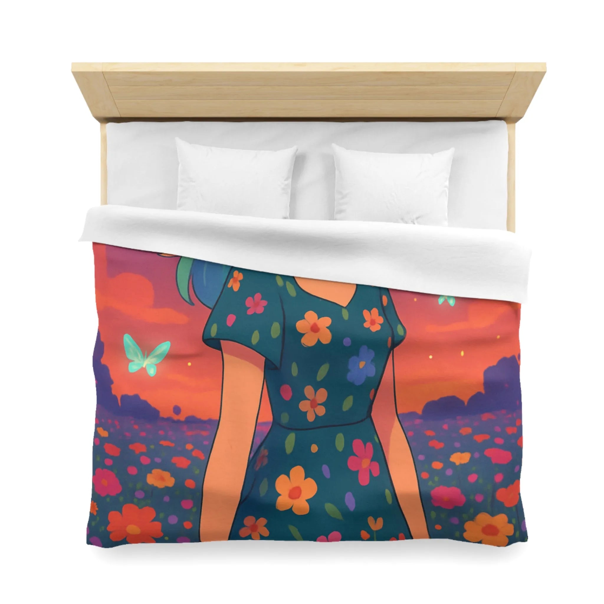 Housse de couette artistique avec fille et papillons dans champ fleuri vibrant