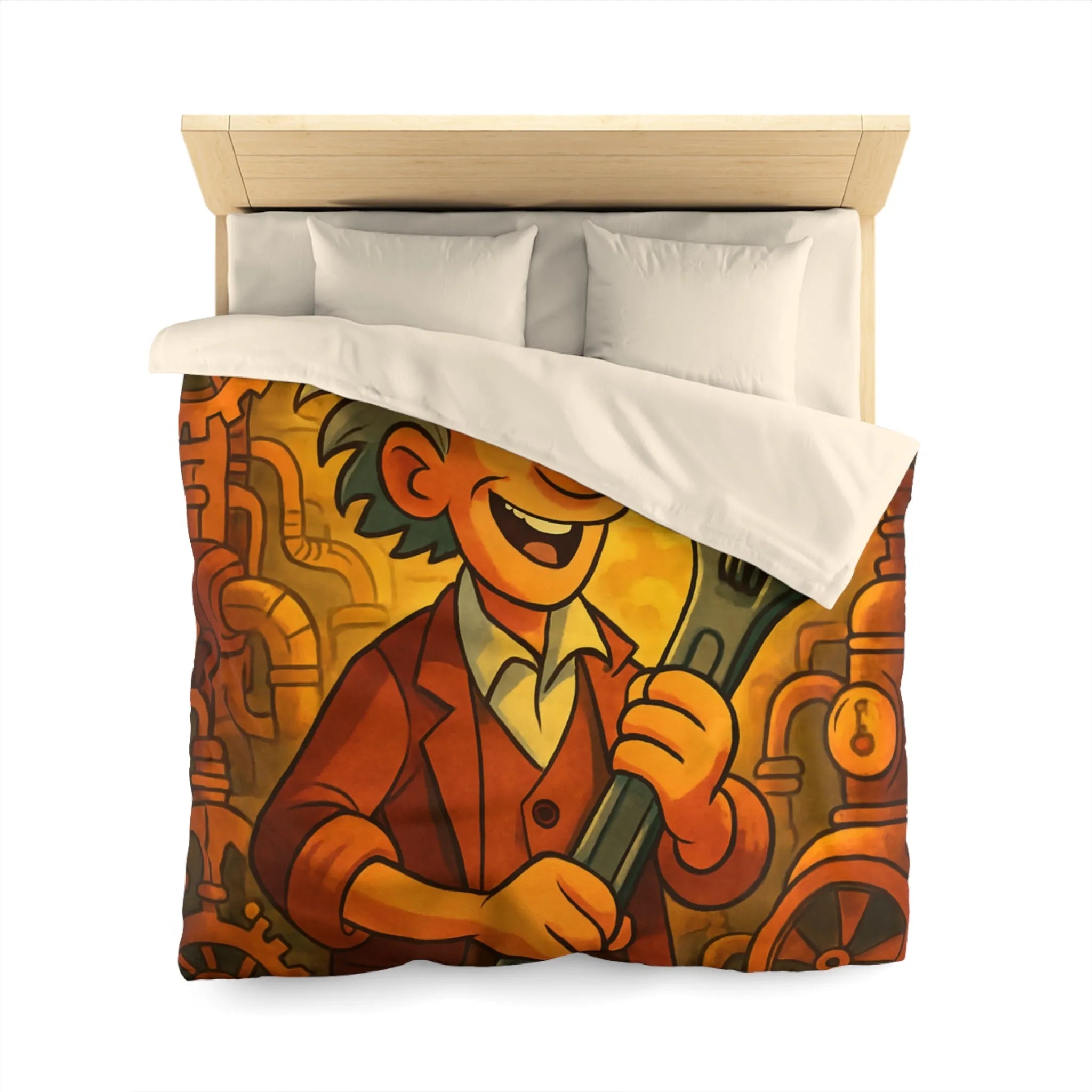 Housse de couette au style rétro avec inventeur animé dans un atelier coloré