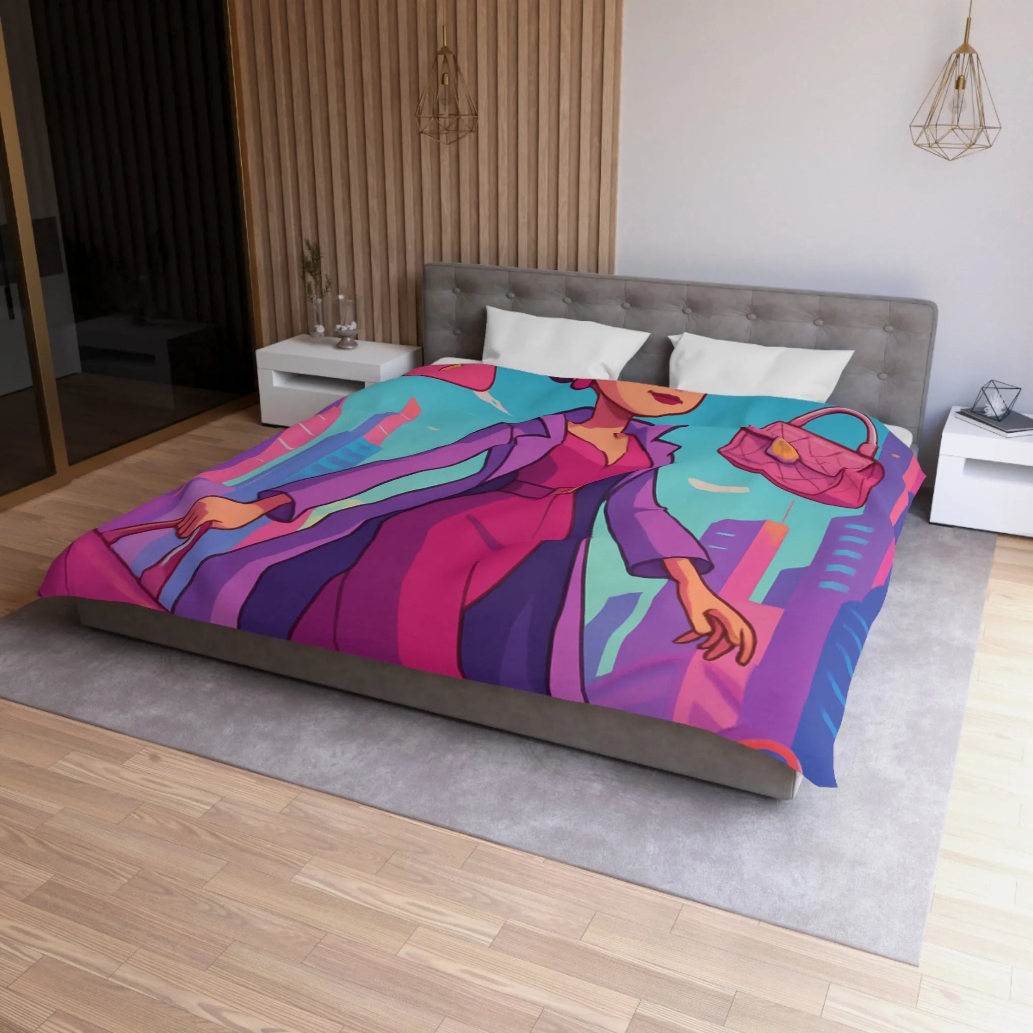 Élégante illustration urbaine rétro-futuriste avec personnage glamour et accessoires stylés en rose