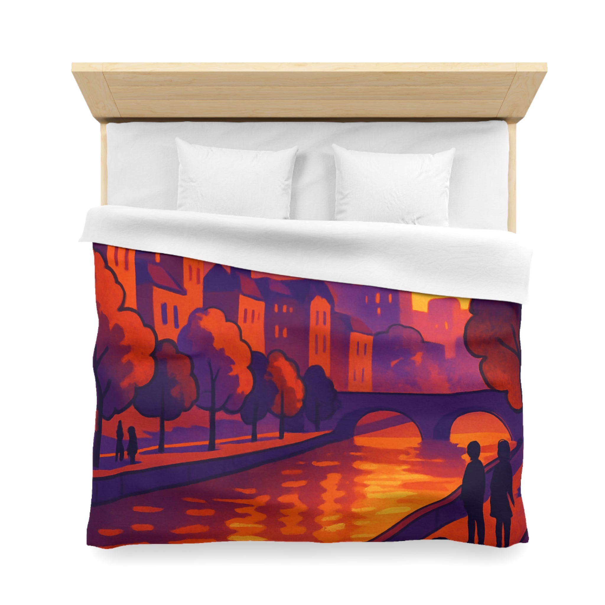 Vibrant paysage urbain crépusculaire avec silhouettes et rivière pour housse de couette