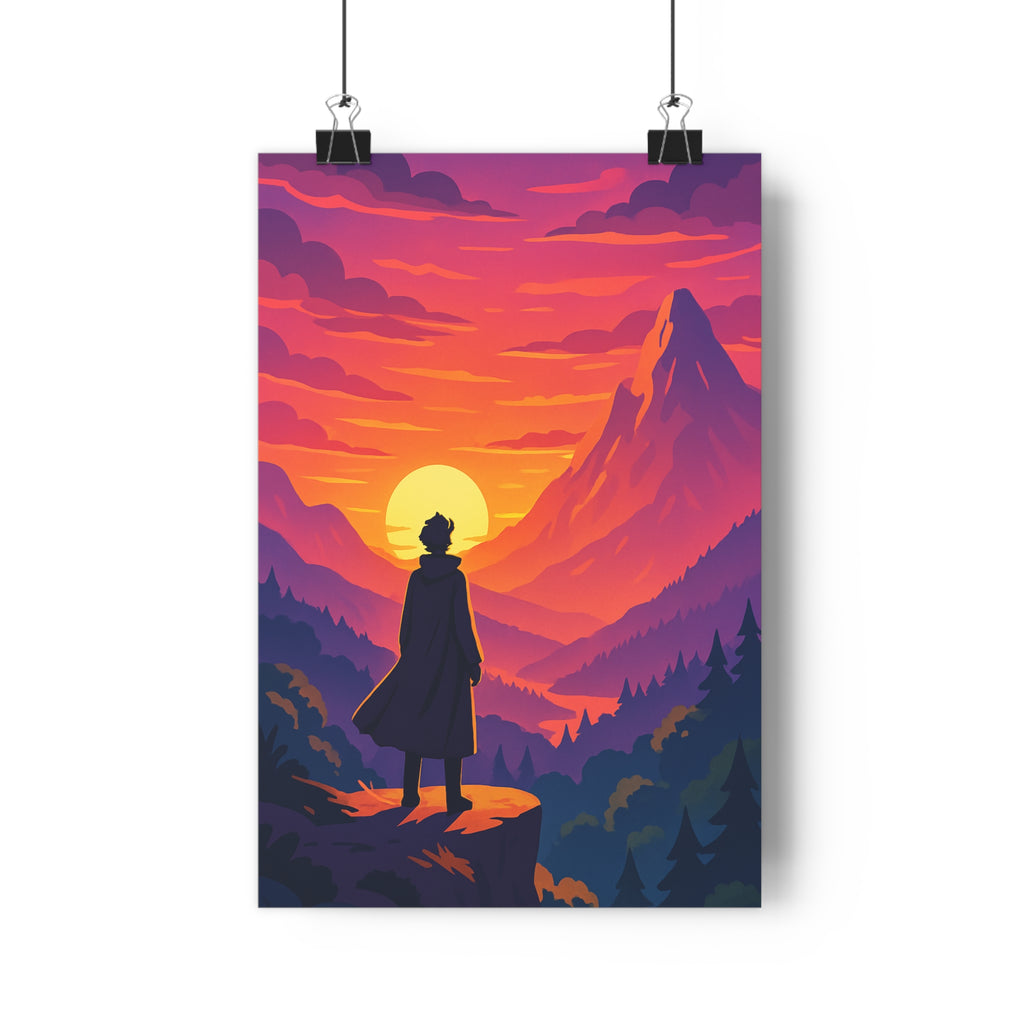 Poster décoratif animé orange violet majestueux silhouette montagnes forêt salon chambre apaisant vibrant qualité