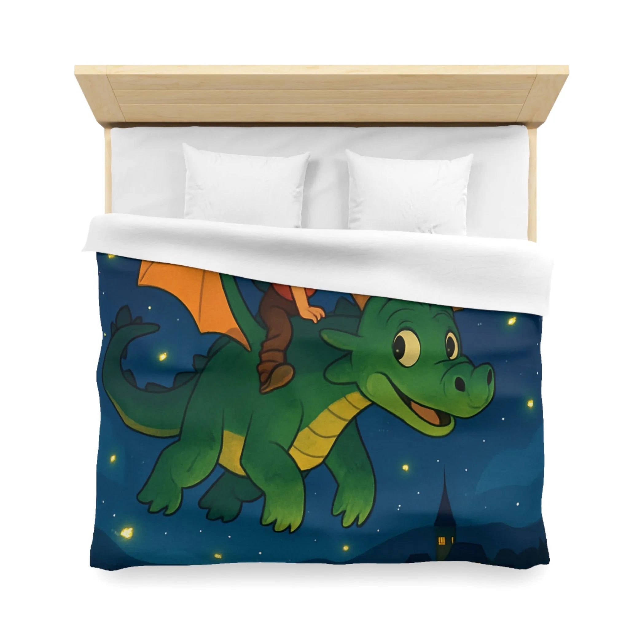 Housse de couette magique avec dragon et enfant volant dans un ciel étoilé