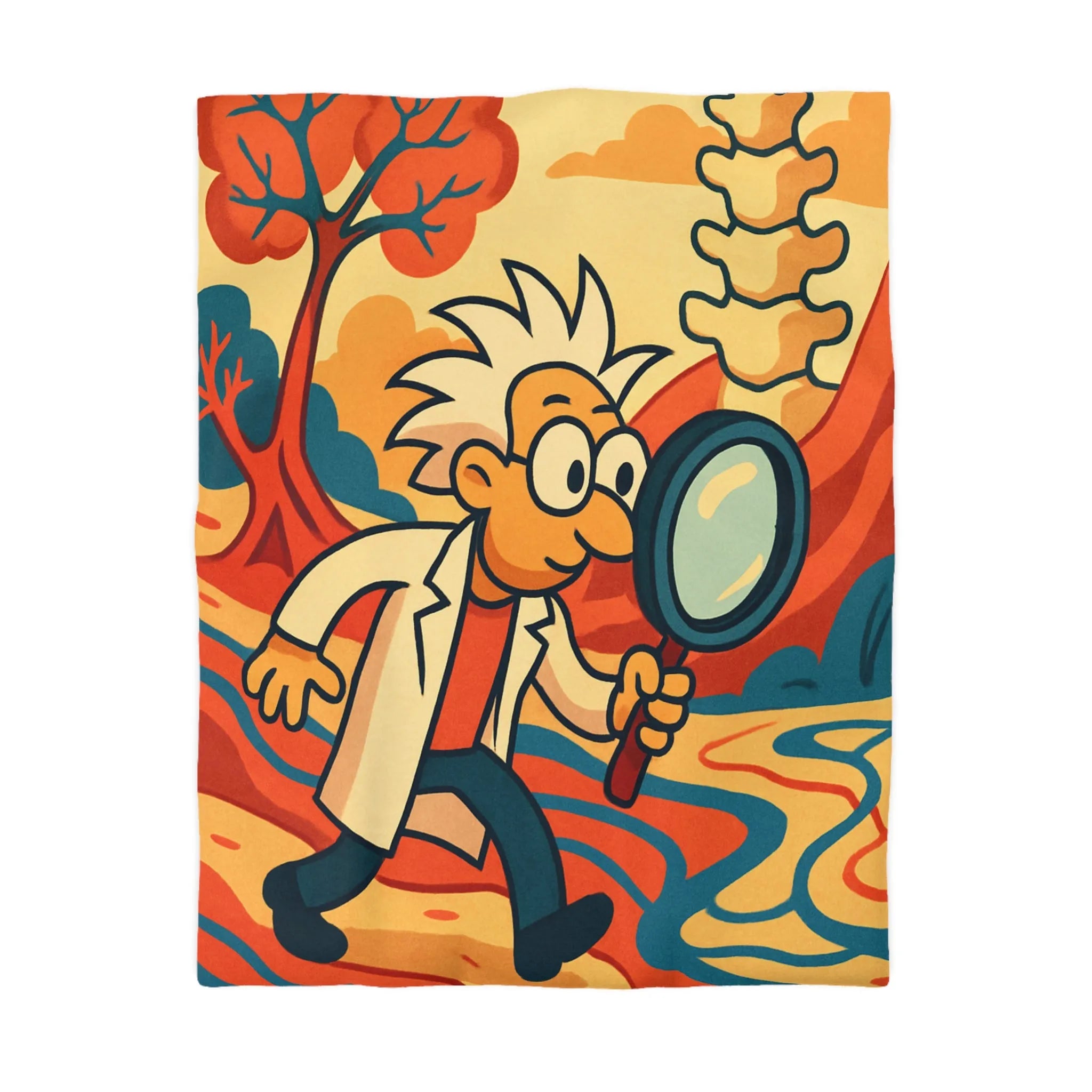 Housse de couette ludique avec personnage scientifique explorant un paysage naturel coloré