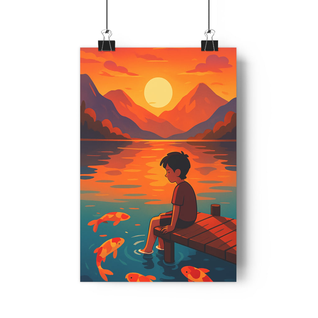 Poster décoratif animé rouge orange serein enfant ponton salon chambre bureau lac carpe 30x46