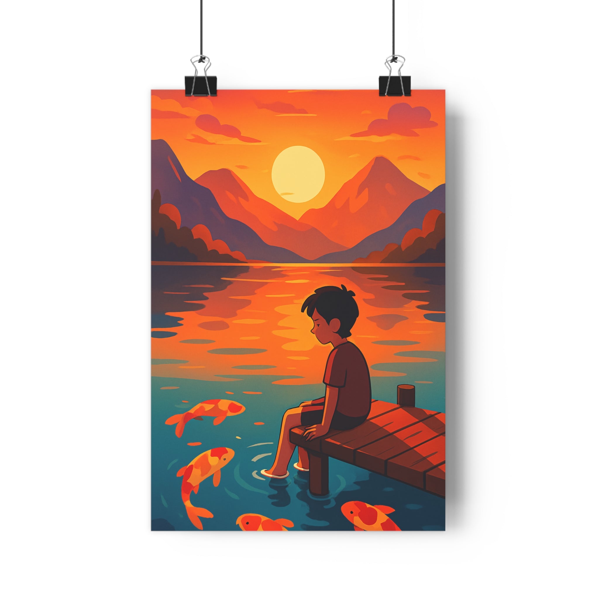 Poster décoratif animé rouge orange serein enfant ponton salon chambre bureau lac carpe 30x46