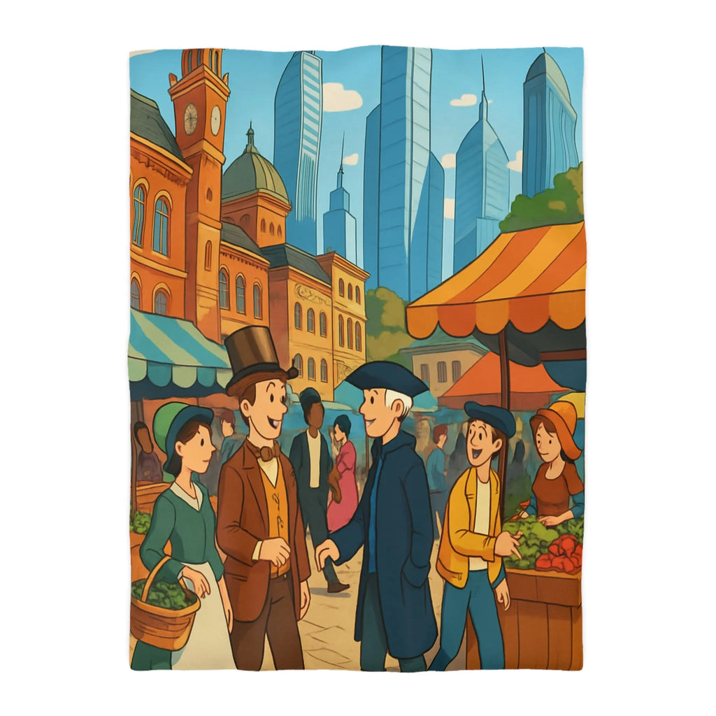 Housse de couette illustrée style rétro avec scène de marché urbain animé