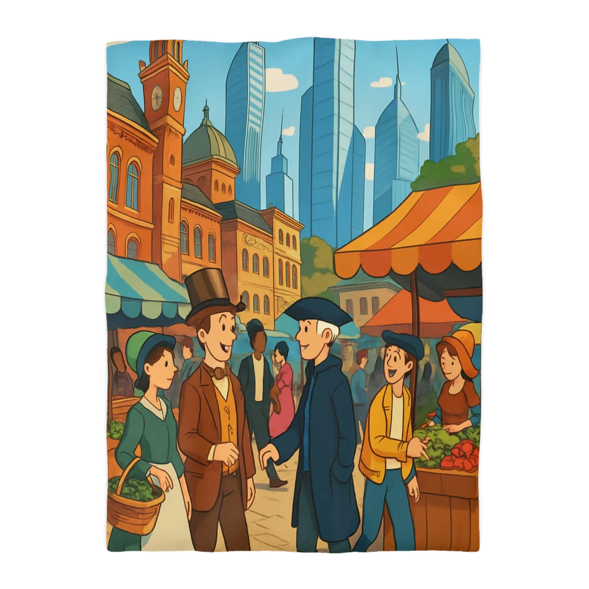 Housse de couette illustrée style rétro avec scène de marché urbain animé