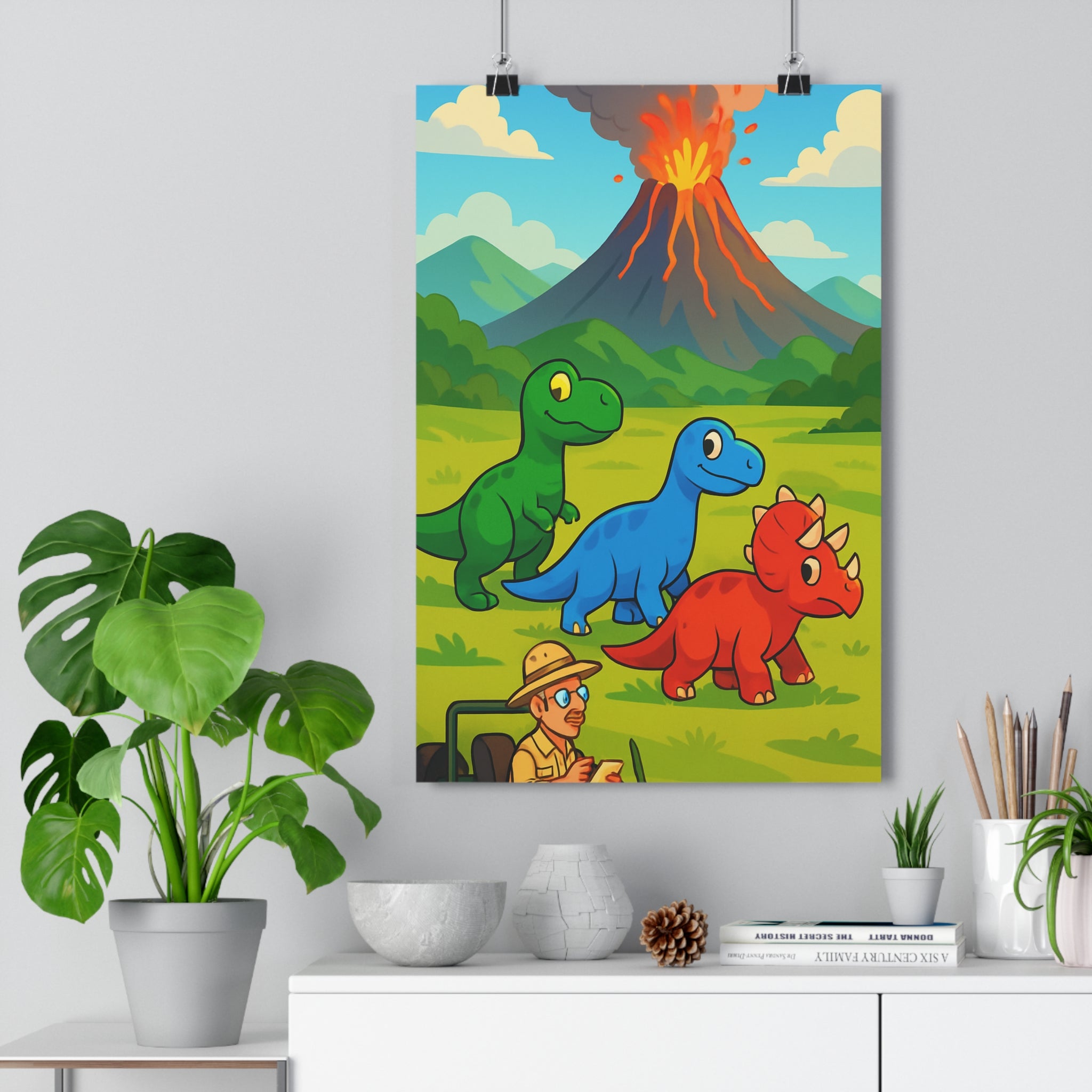 Poster décoratif cartoon dinosaures volcan éruption coloré joyeux enfant aventure chambre ludique vibrant épais