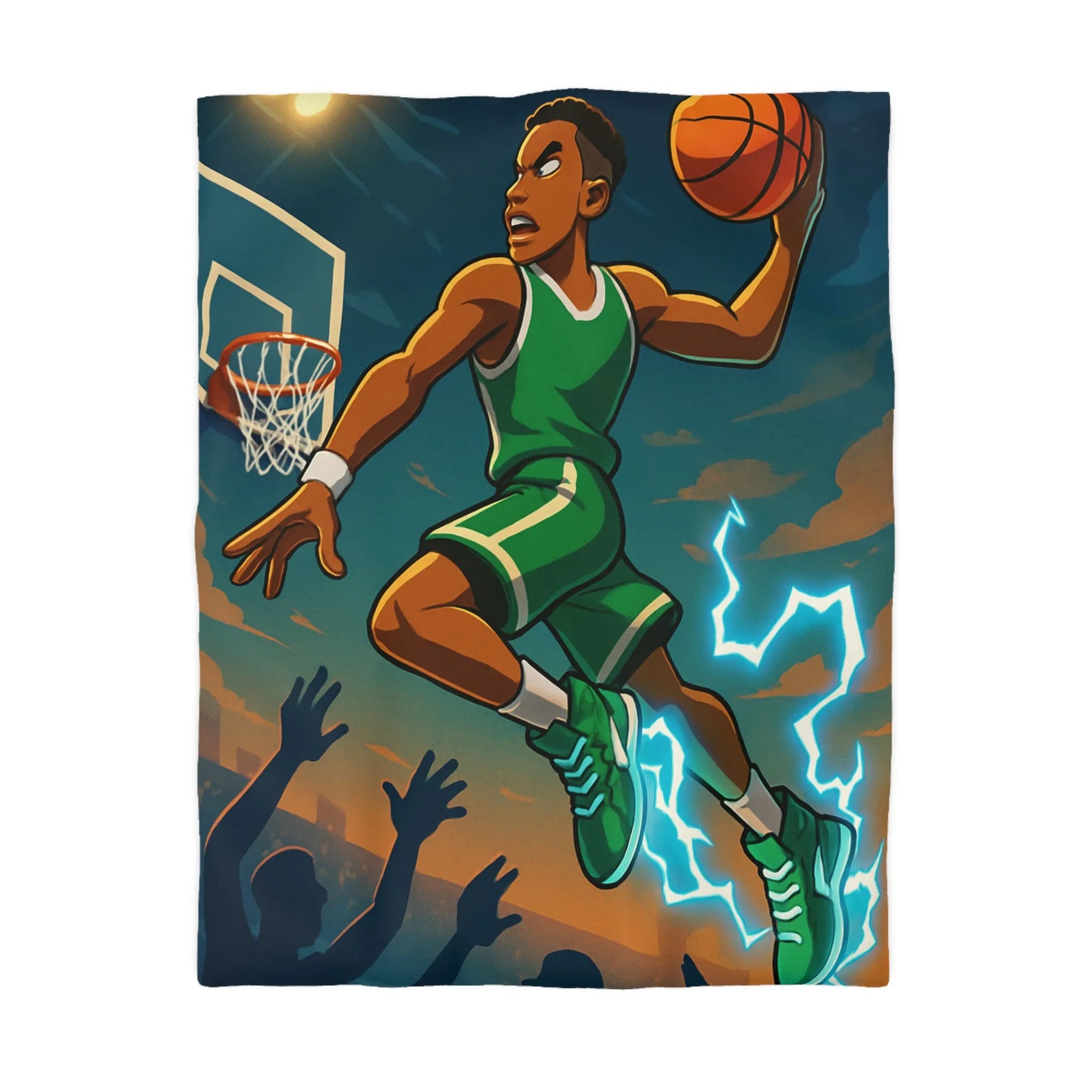 Housse de couette basket dynamique avec joueur en plein slam dunk lumineux