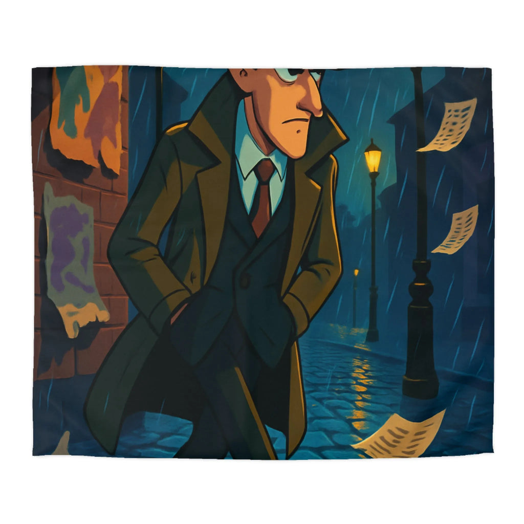 Housse de couette élégante avec détective mystérieux sous la pluie pour ambiance rétro